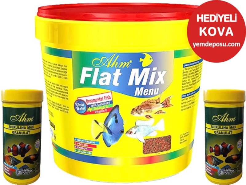 AHM FLAT MİX MENU 3 KG KOVA + 2 X 100 ML AHM SPİRULİNA MAX FLAKE FOOD