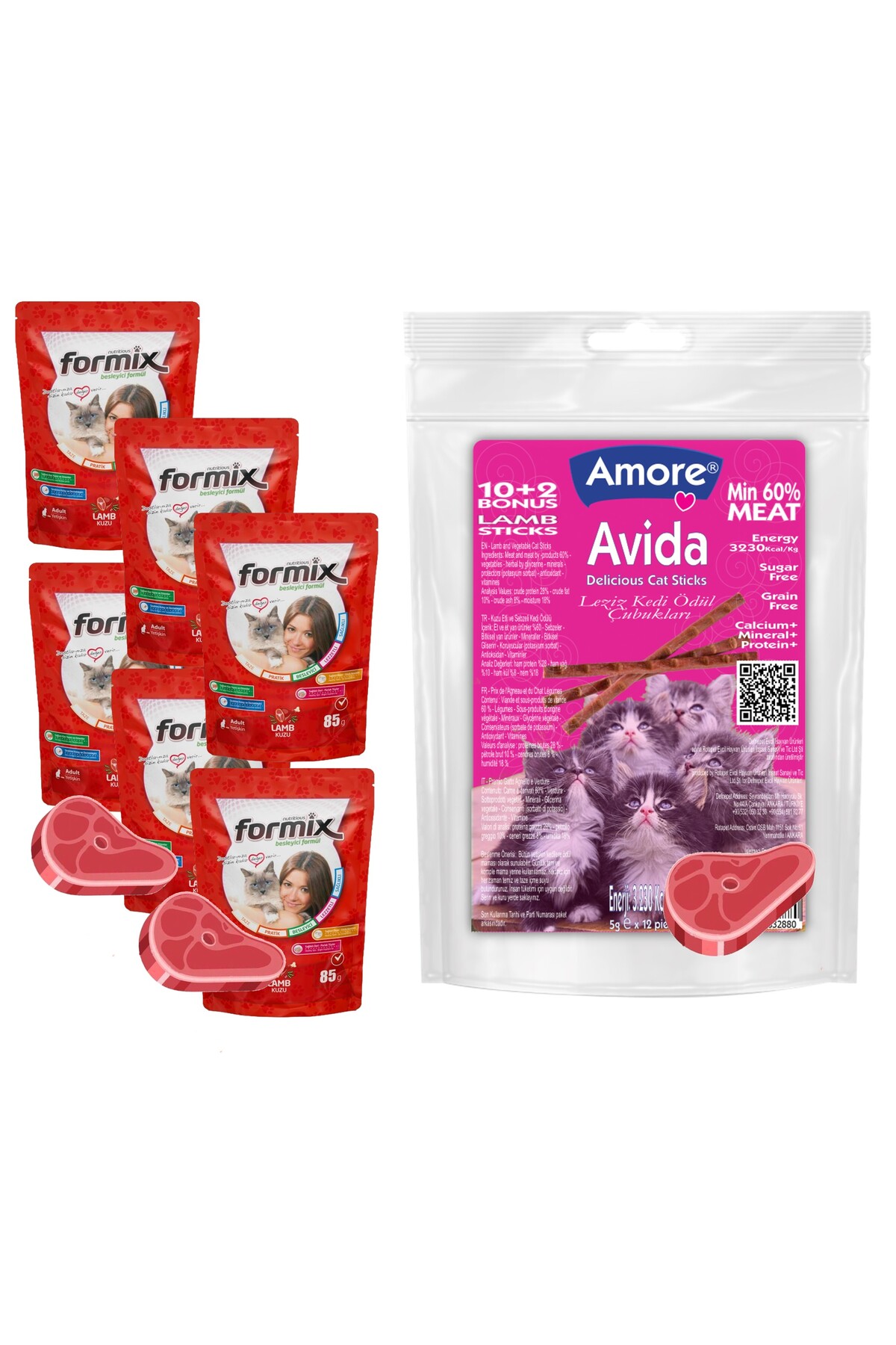 Amoredog 12li Kuzu Etli Sticks 60 Gr Avida, Punch ıslak Kedi Odul Mamasi 6x85 Gr