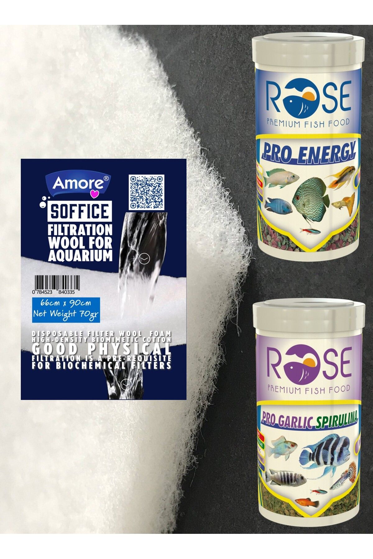 Soffice Akvaryum 70gr Filtre Elyafı 66x90cm, Pro Energy Mix 100ml, Spirulina Garlic 100ml Balık Yemi