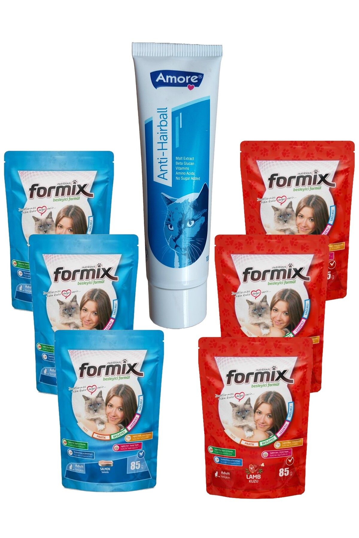 Amorecat Anti-hairball Kedi Yutulan Tüy Yumak önleyici, Malt Beta Glucan Cat 100ml, 6-punch ıslak Mama
