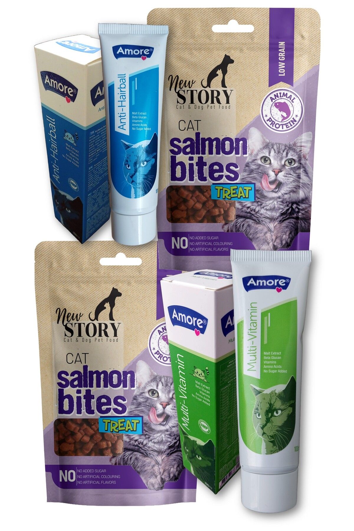 New Story Anti Hairball Paste 100ml, Multivitamin Malt, Cat-salmon-bites 2x60gr Taneli Somonlu Kedi ödülü