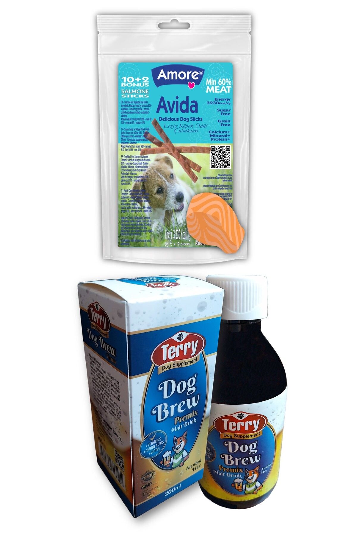 Amoredog Avida-12 Salmon Köpek ödül Sticks, Terry Dog Brew Premiks D-biotin Taurin 200ml Malt Içeceği