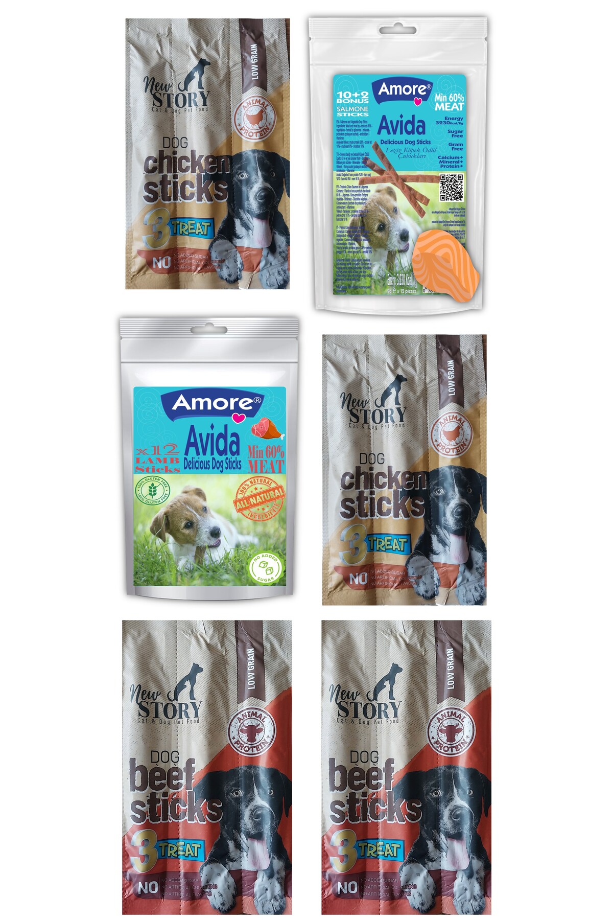 Amore Avida 12-Salmone,12-Lamb Sticks, New Story Tavuklu, Sigir Etli 2 adet 3lu Kopek Odulu Extra 11gr