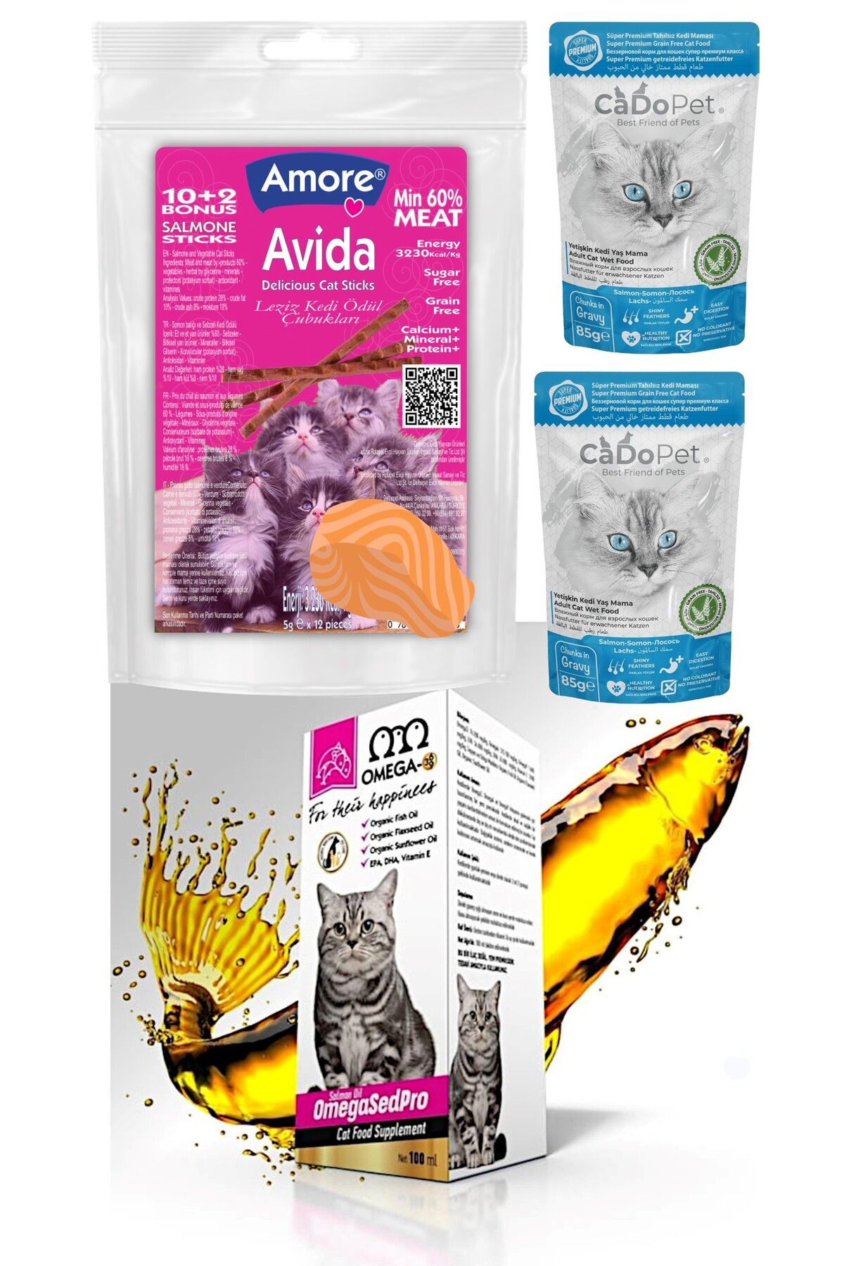 Amorecat Avida 12li Balıklı Kedi ödül çubuğu Cat Sticks Atıştırmalık, Sedpro Somon Balık Yağı, 2-punch