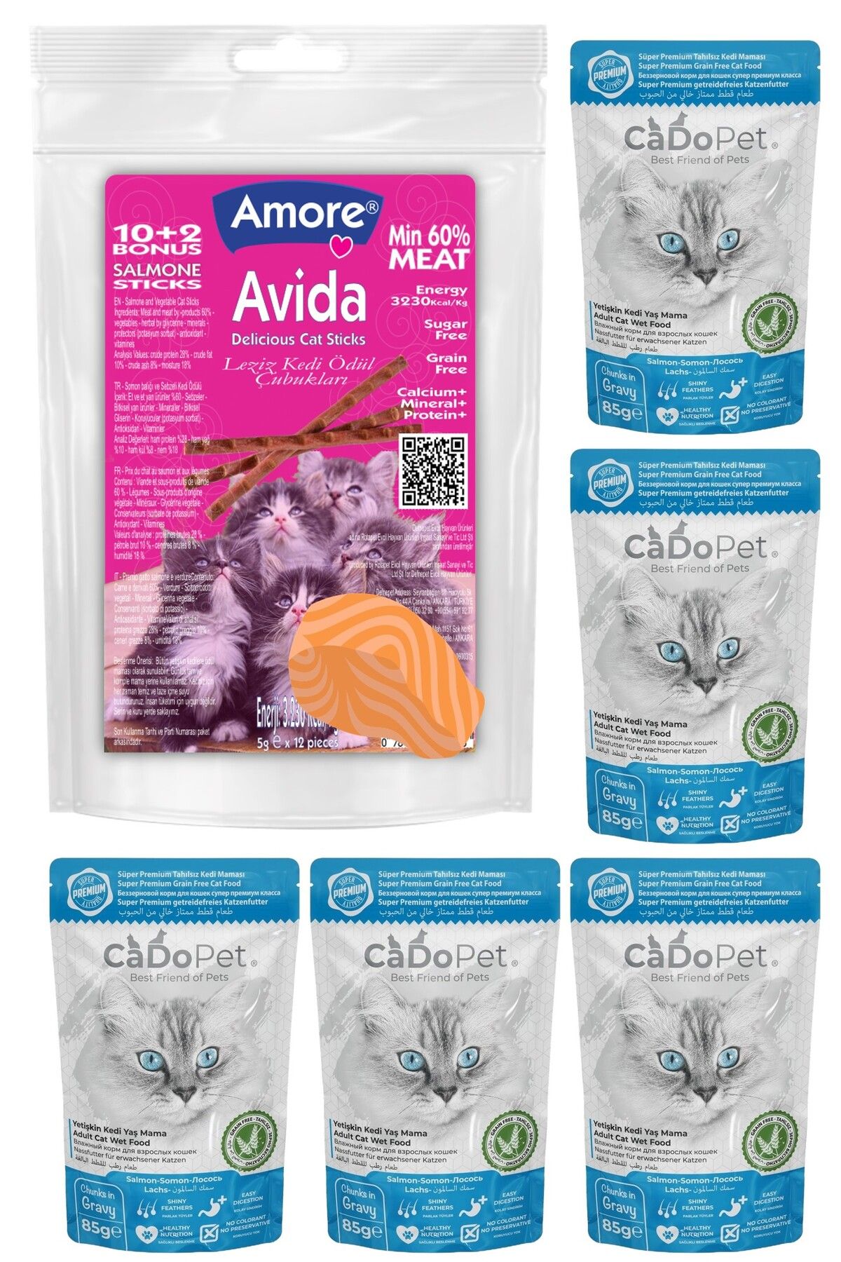 Amorecat Avida 12li Balıklı Kedi ödül Yumuşacık Sticks, Cado Somon Etli 5li Punch ıslak Mama
