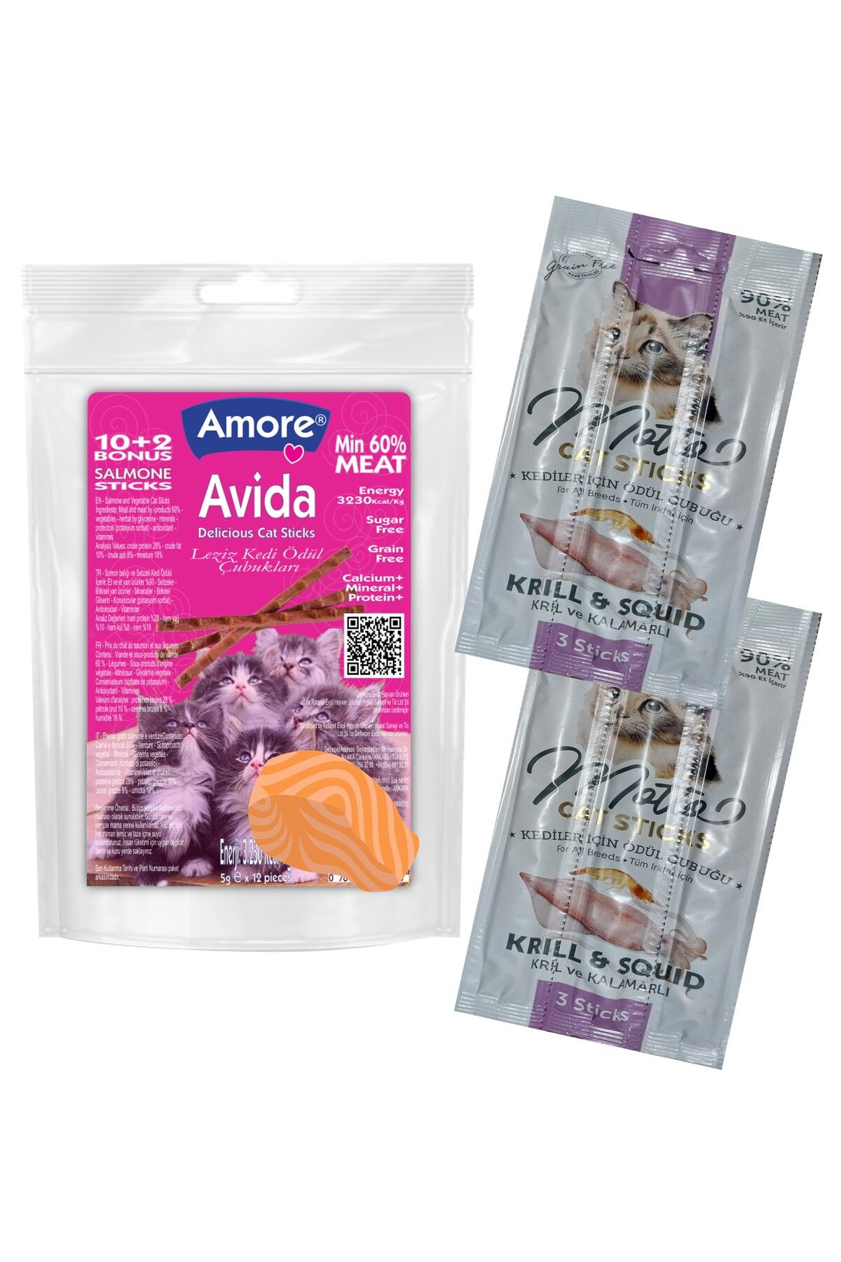Amore Avida 12li Cat Sticks Balik ve Sebzeli Tahilsiz, Motto 2 adet 3lu Kril ve Kalamarli Kedi Odulu