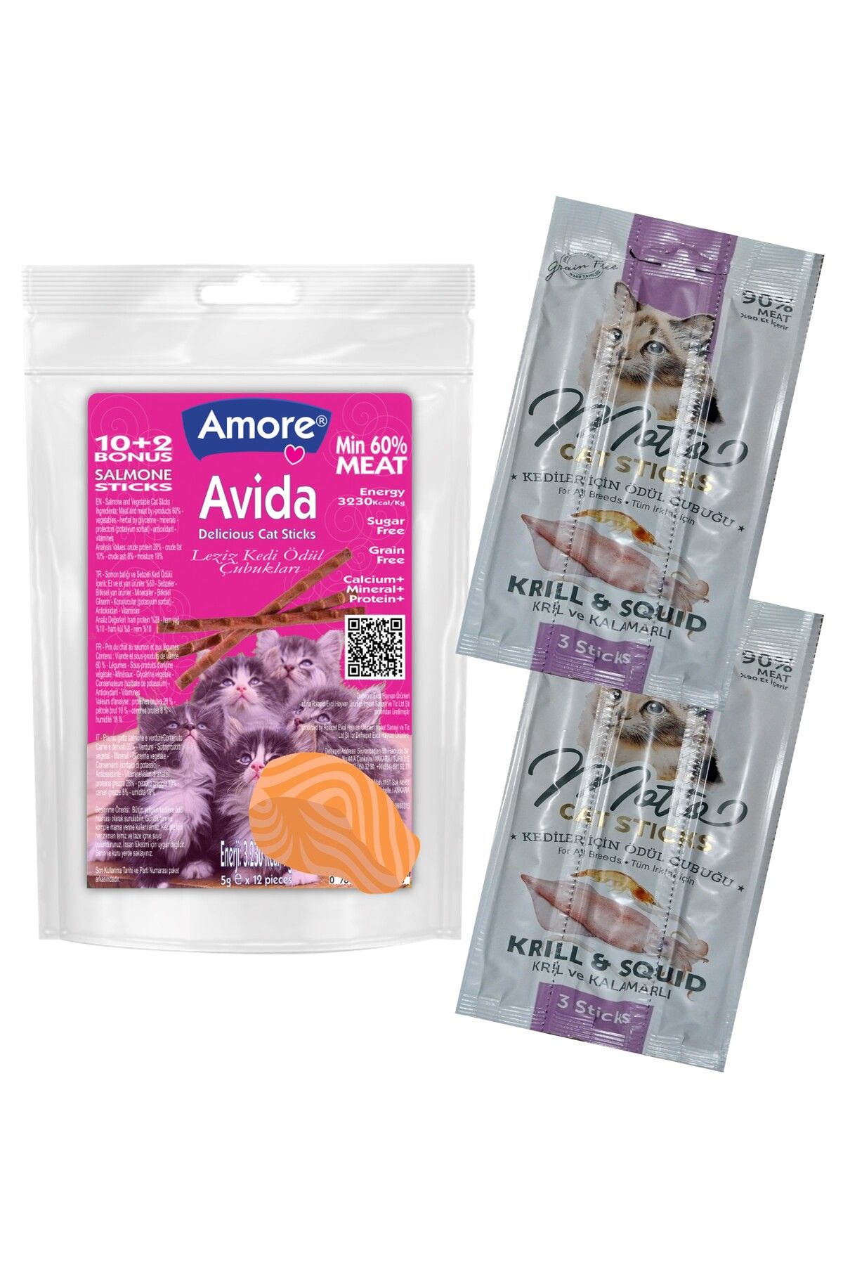 Amorecat Avida 12li Cat Sticks Balik Ve Sebzeli Tahilsiz, Motto 2 Adet 3lu Kril Ve Kalamarli Kedi Odulu