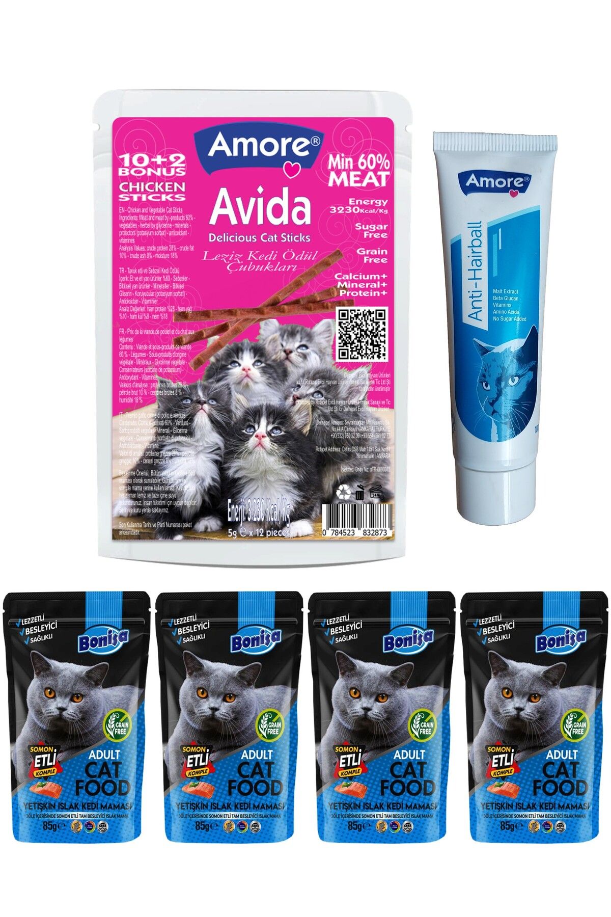 Amorecat Avida 12li Chicken-cat-sticks, Tavuklu Kedi ödülü, Anti Hairball 100ml, Bonisa 4-punch ıslak Mama