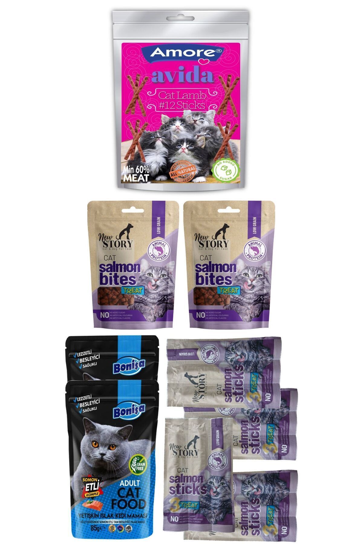Amorecat Avida 12li Kuzu Etli ödül çubuk, New Story Salmon 4-sticks, 2-bites, Bonisa 2-punch