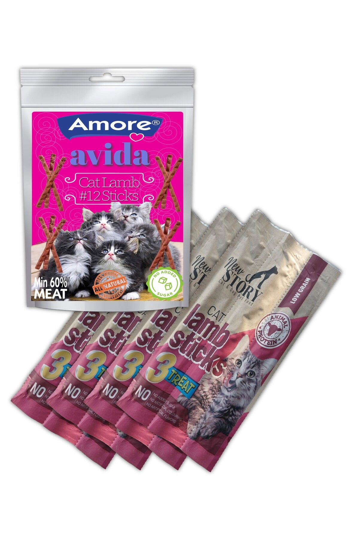 Amore Avida 12li Kuzu Etli Sticks, New Story 4 Adet 3lu Lamb Kedi Odul Cubuklari