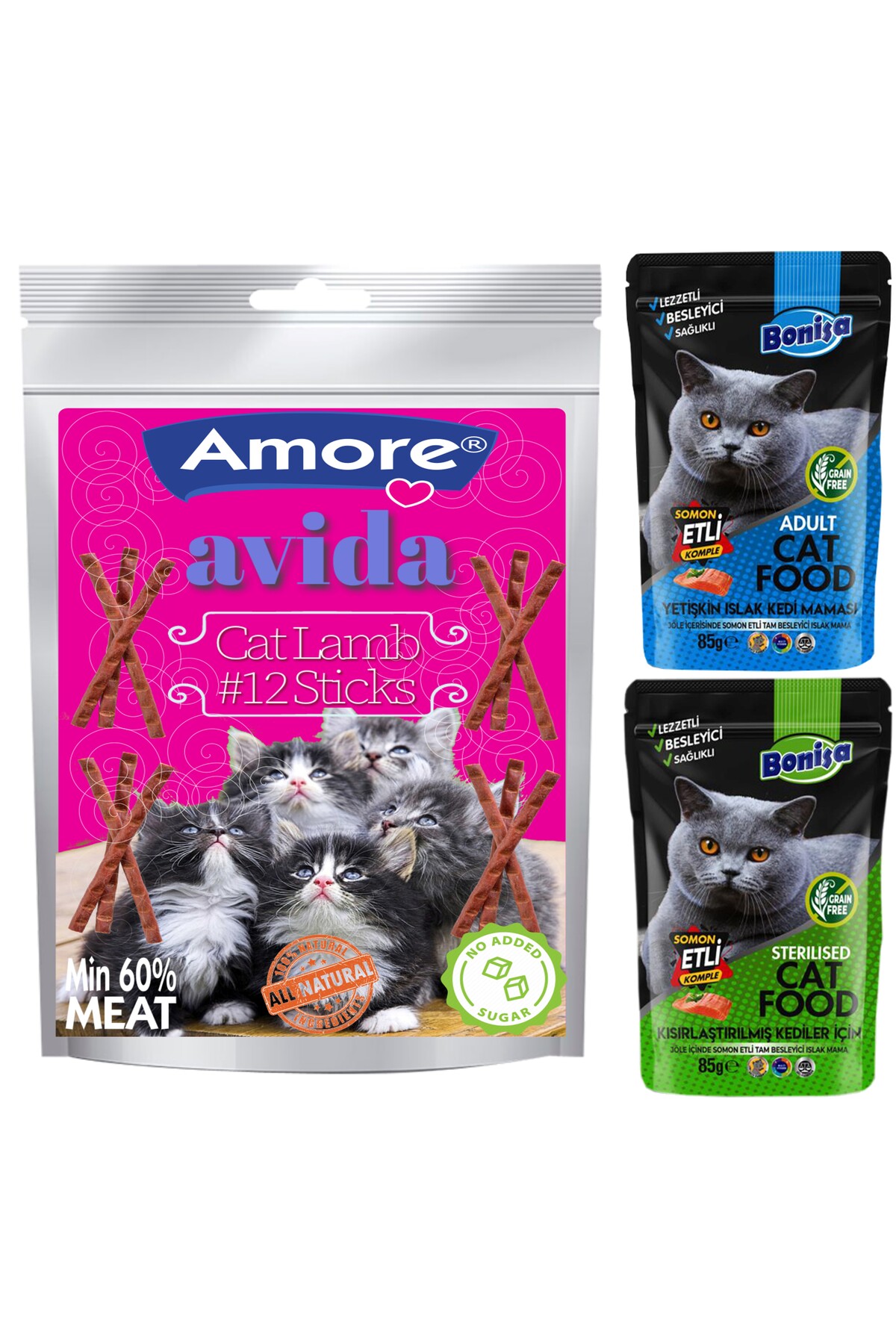 Amorecat Amore Avida 12li Kuzu Etli Sticks Odul Ve Bonisa Somonlu Ve Steril Yetiskin Pouch Kedi Mamasi