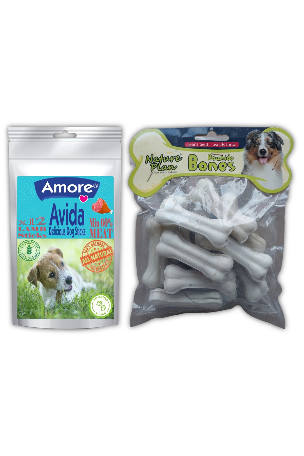 Amore Avida 12li Kuzu Etli Tahilsiz Sticks, 7.5cm 12li press beyaz Kopek Odul Kemigi 320gr