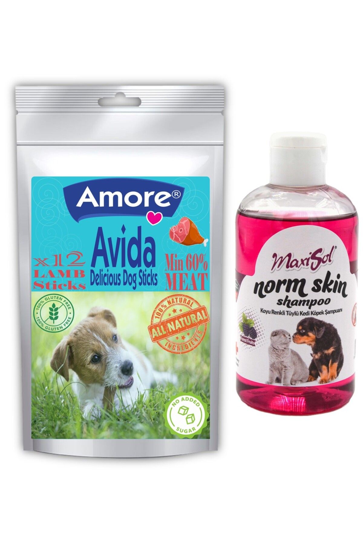 Amoredog Avida 12li Kuzu Etli Tahilsiz Sticks Kopek Odulu, Sampuan 250ml Koyu Renkli Tuy