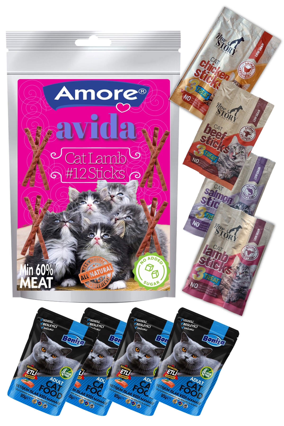 Amorecat Avida 12li Kuzu, New Story Mix Stick Kedi 3x5 Gr 4 Paket, 4-bonisa Punch Odul Mamasi