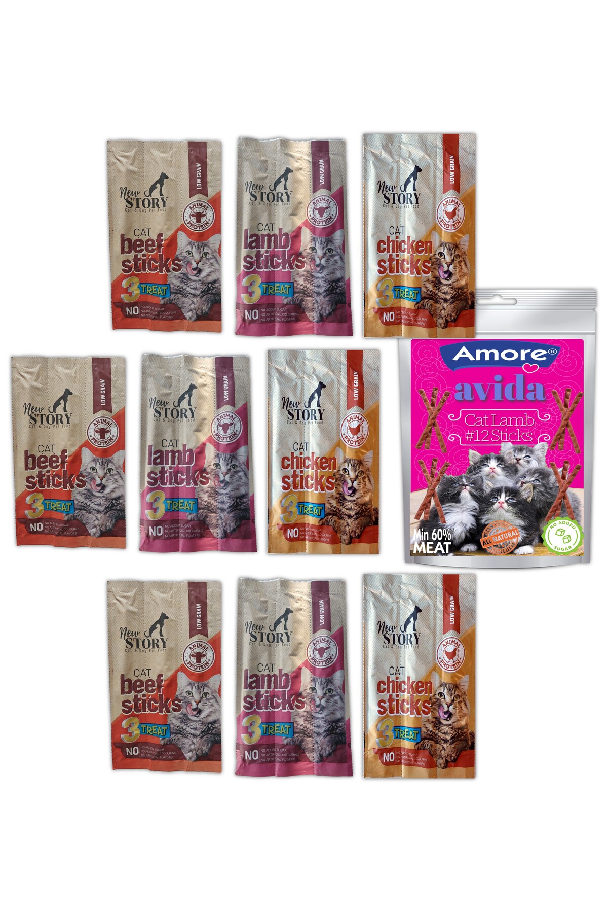 Amorecat Avida 12li Kuzu, New Story Mix Stick Kedi 9 Paket 3x5gr Odul Cubuklari Mamasi