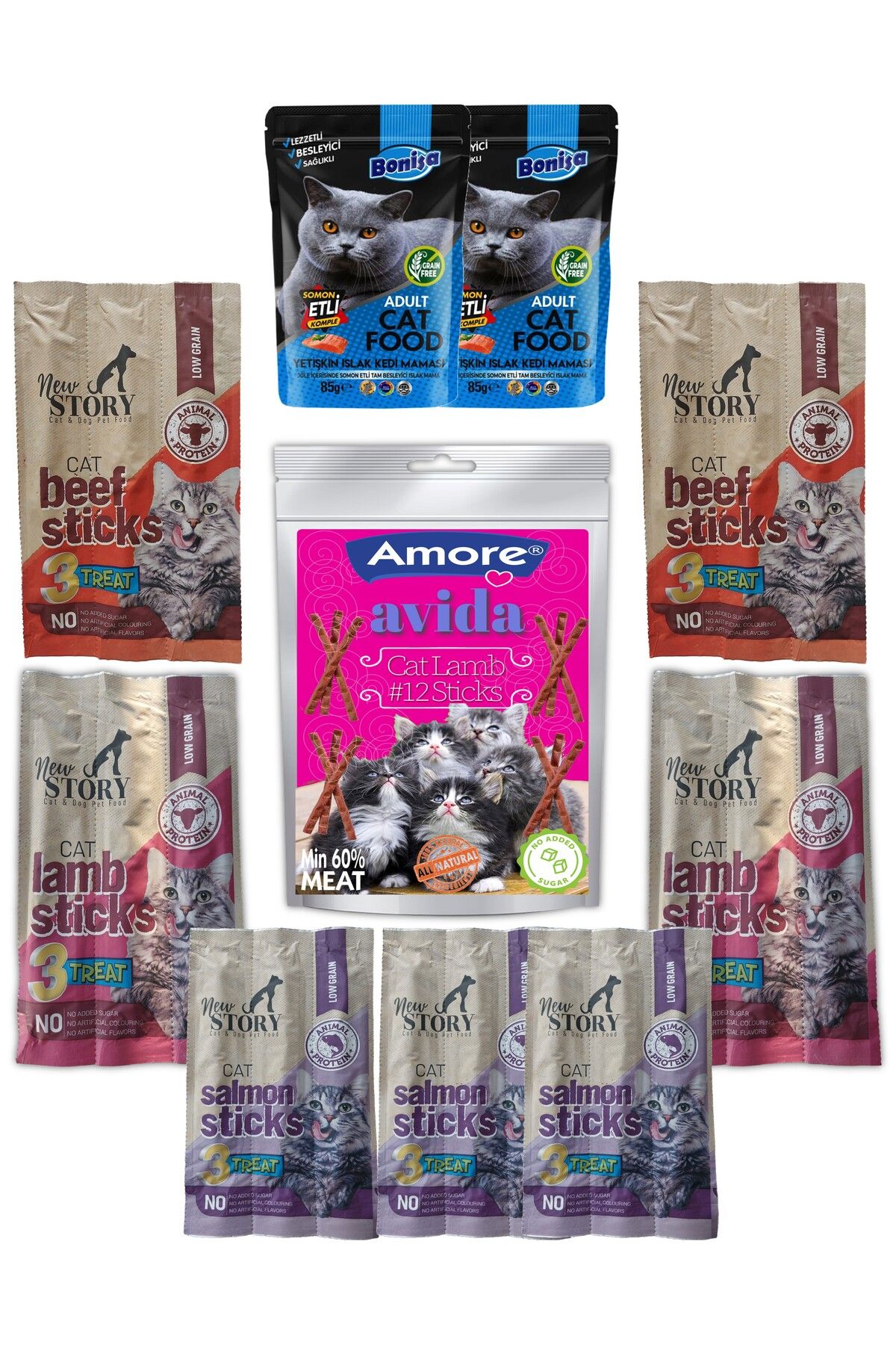 Amorecat Avida 12li Kuzu, New Story Mix Stick Kedi Odulu 3x5gr 7 Paket, 2-punch Kedi Odul Mamasi