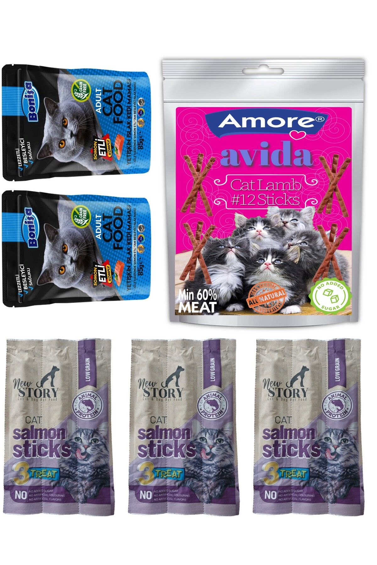 Amorecat Avida 12li Kuzu, New Story Salmon Sticks 3 Paket 3x5gr Kedi Odul Cubuklari Mamasi, Somonlu Punch