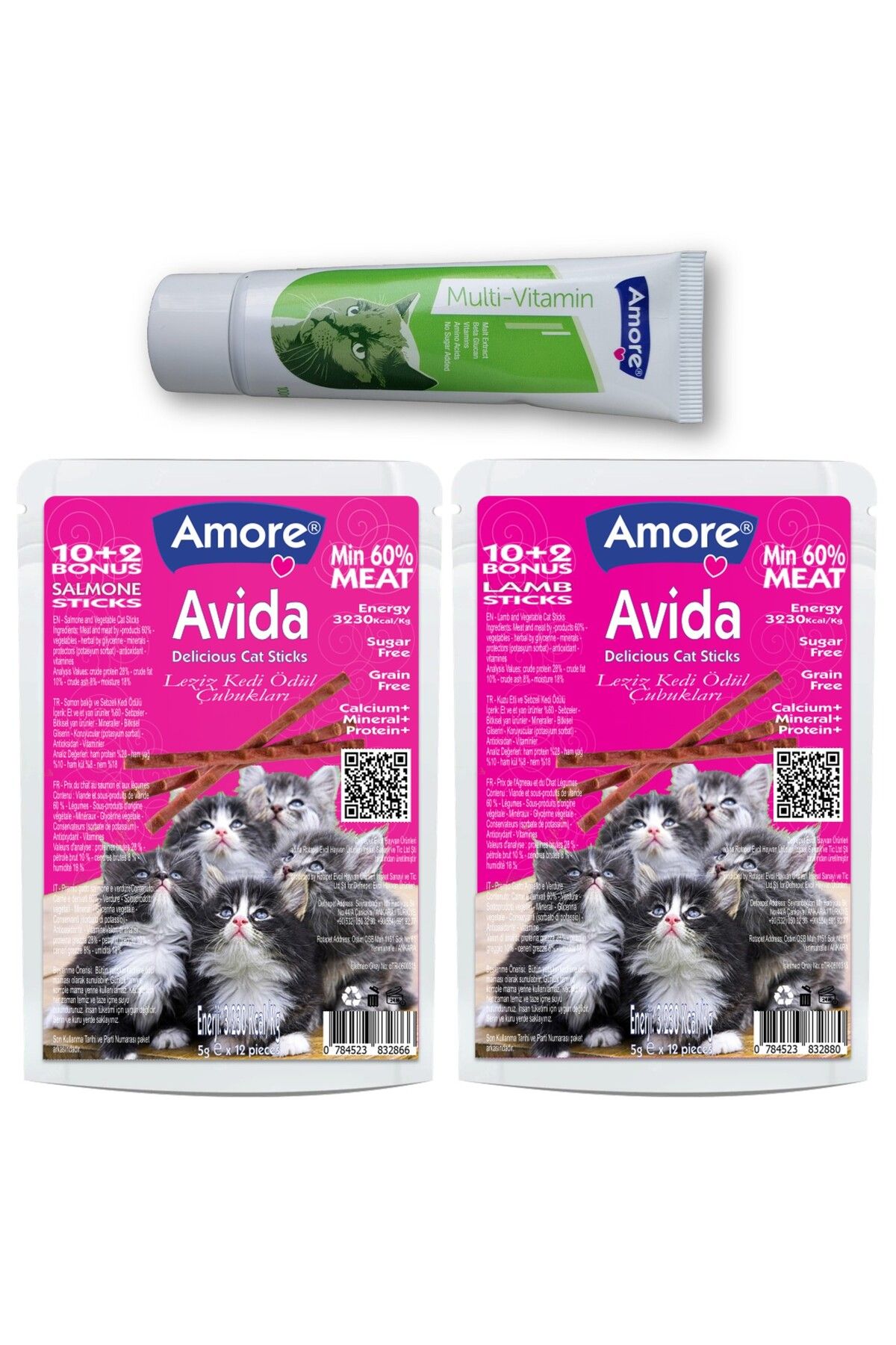 Amorecat Avida 12li-lamb, 12li-salmon Sticks Kuzulu- Somonlu Kedi ödülü, Multivitamin Malt 100ml Paste