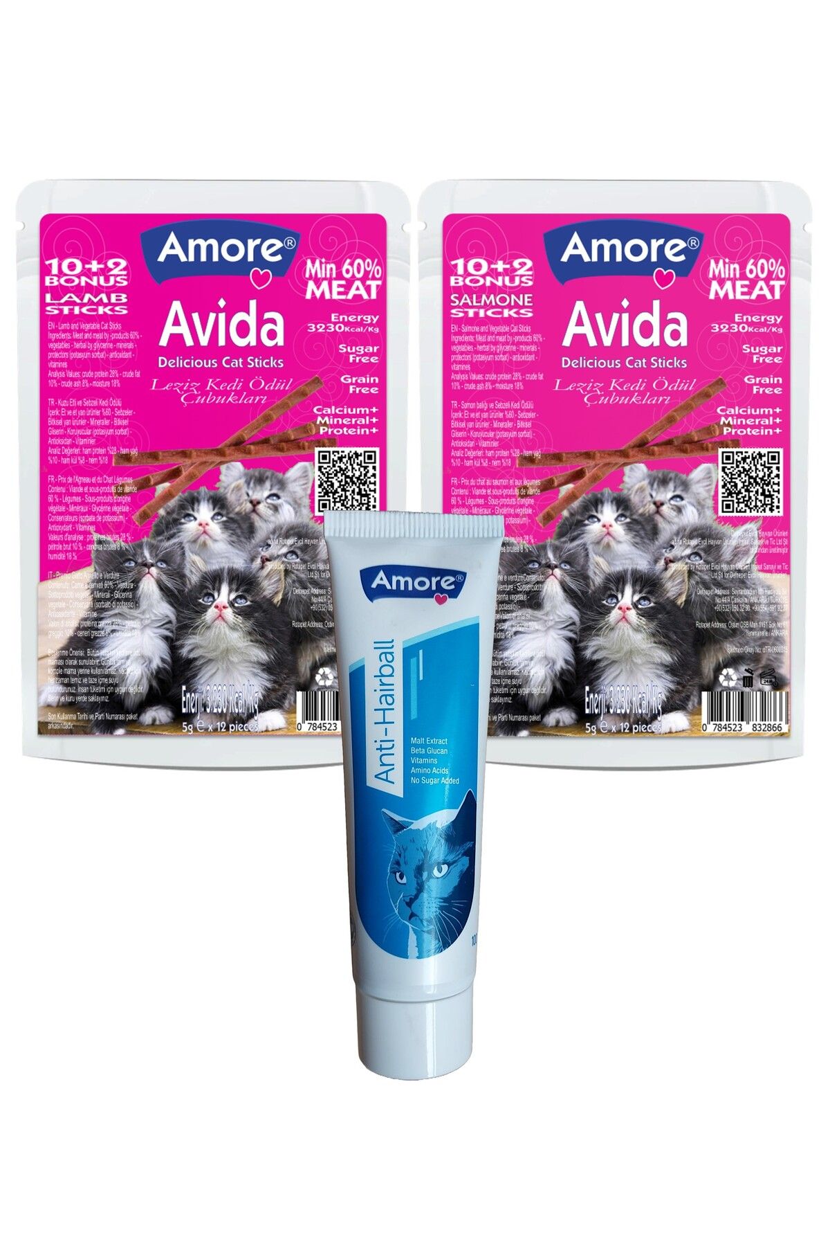 Amorecat Avida 12li-lamb, 12li-salmon Sticks Kuzulu- Somonlu Kedi ödülü, Tüy Yumağı önleyici Malt Pasta 100ml