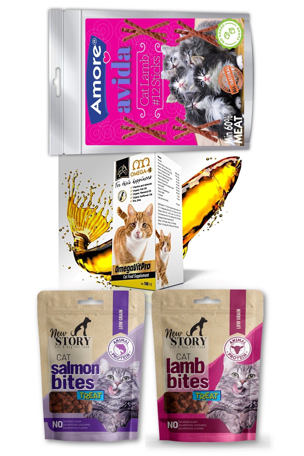 Amorecat Avida 12li Lamb Sticks, Atıştırmalık Taneli Yumuşacık 2-bites Kedi ödülü, Somon Balık Yağı