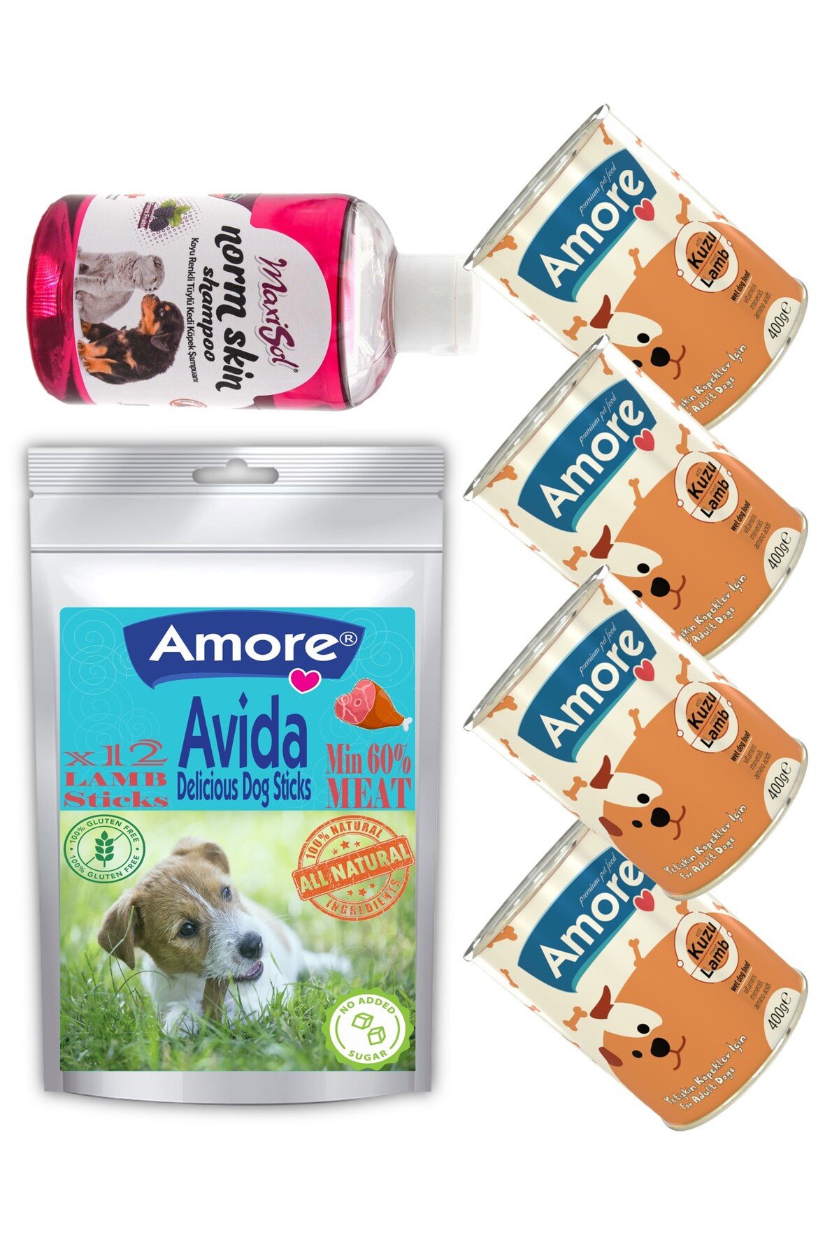 Amoredog Avida 12li Lamb Sticks Grain Free Kopek Odulu, 4 Konserve, Sampuan 250ml Koyu Renkli Tuy