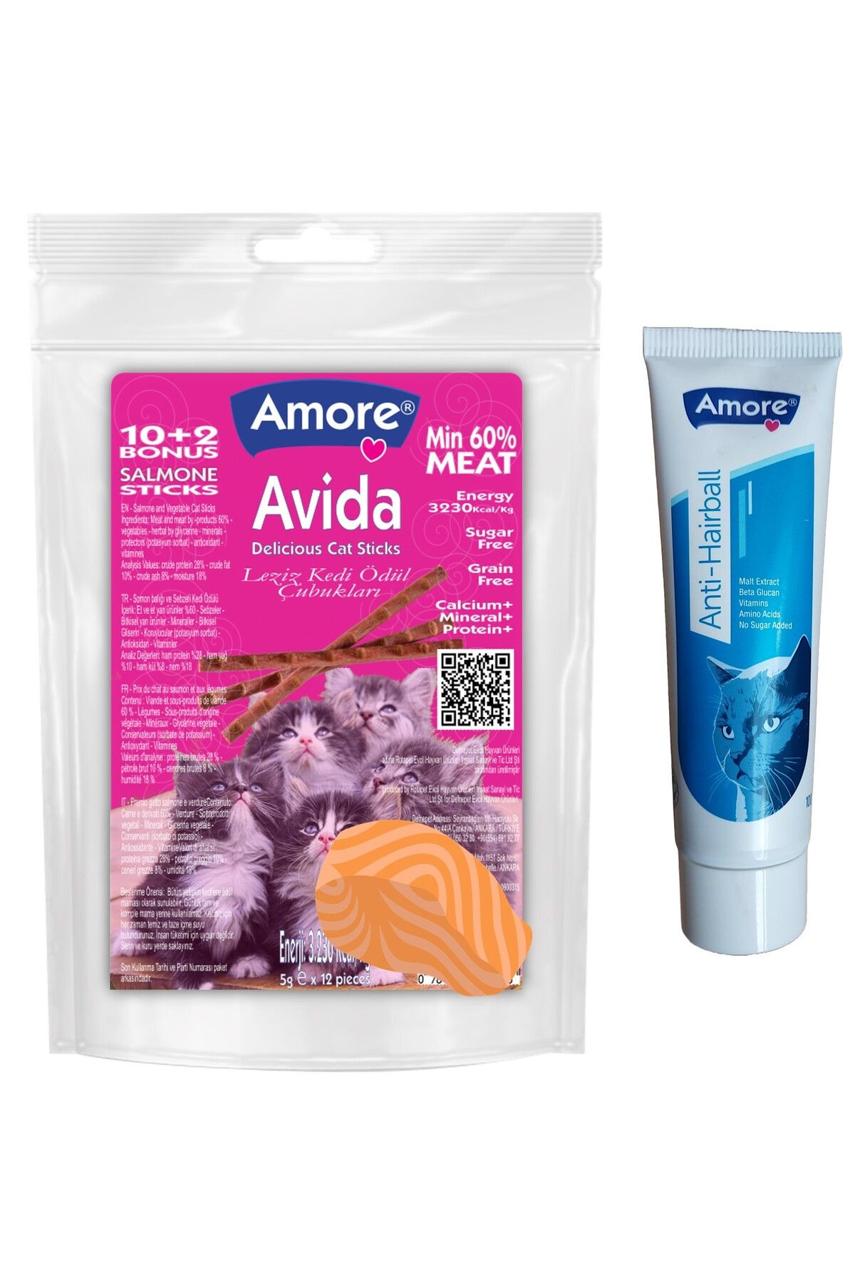 Amorecat Avida 12li Salmon-cat-sticks Balıklı Kedi ödülü, Anti-hairball Tüy Yumağı önleyici Malt 100ml