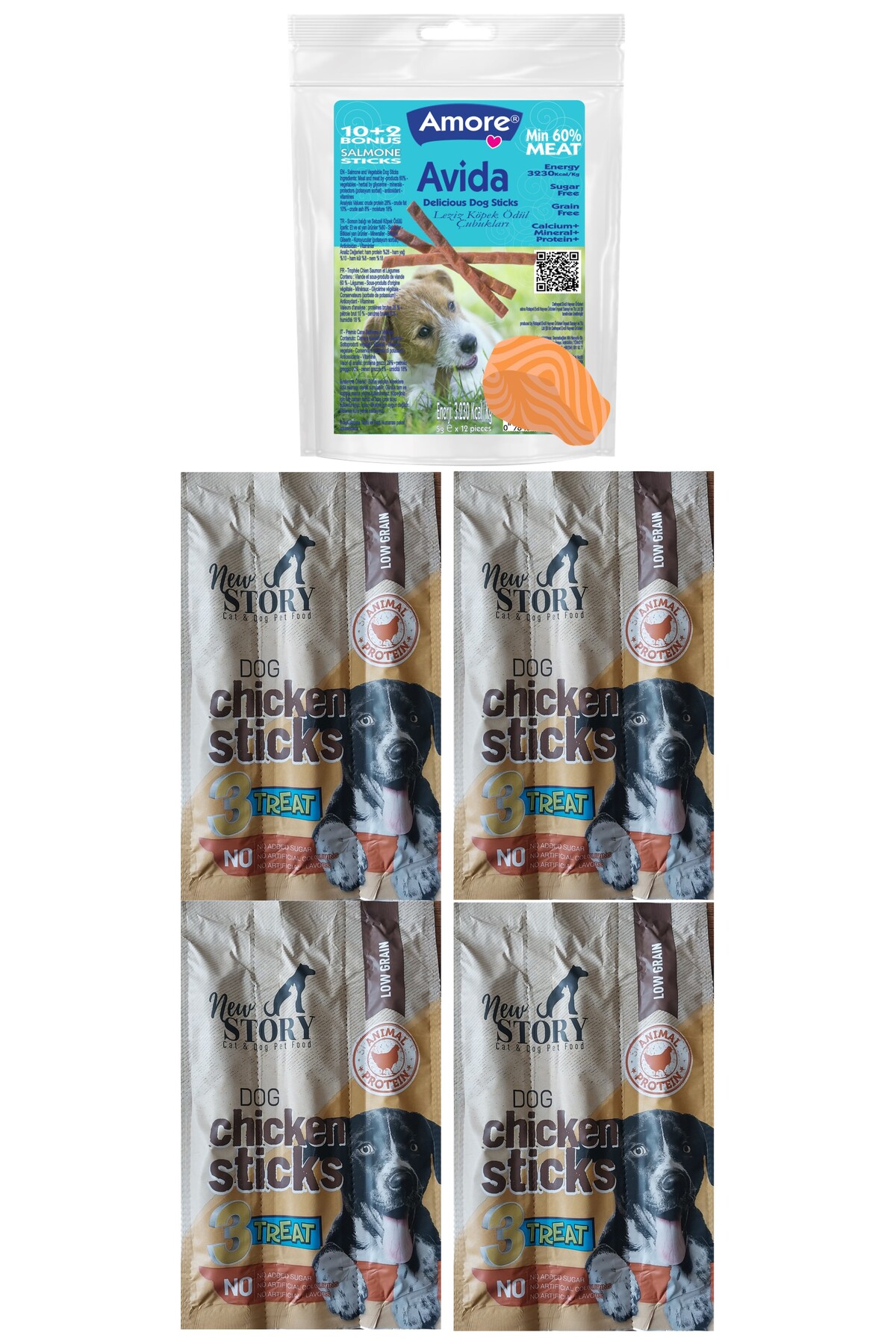 Amore Avida 12li Salmone Sticks, New Story Tavuklu Kopek Odulu 4 adet 3lu Extra 11gr