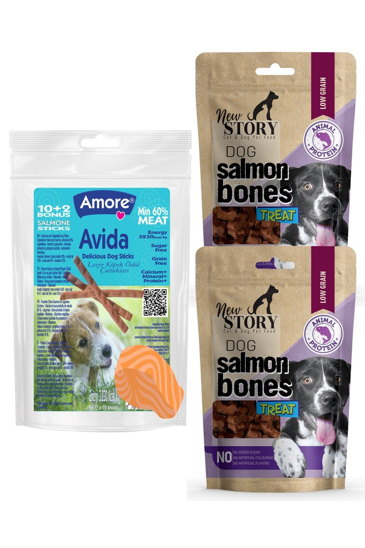 Amore Avida 12li Somonlu Tahilsiz Kopek Sticks, 2x80gr New Story Salmon Bones Dog Threats Odul Mamasi