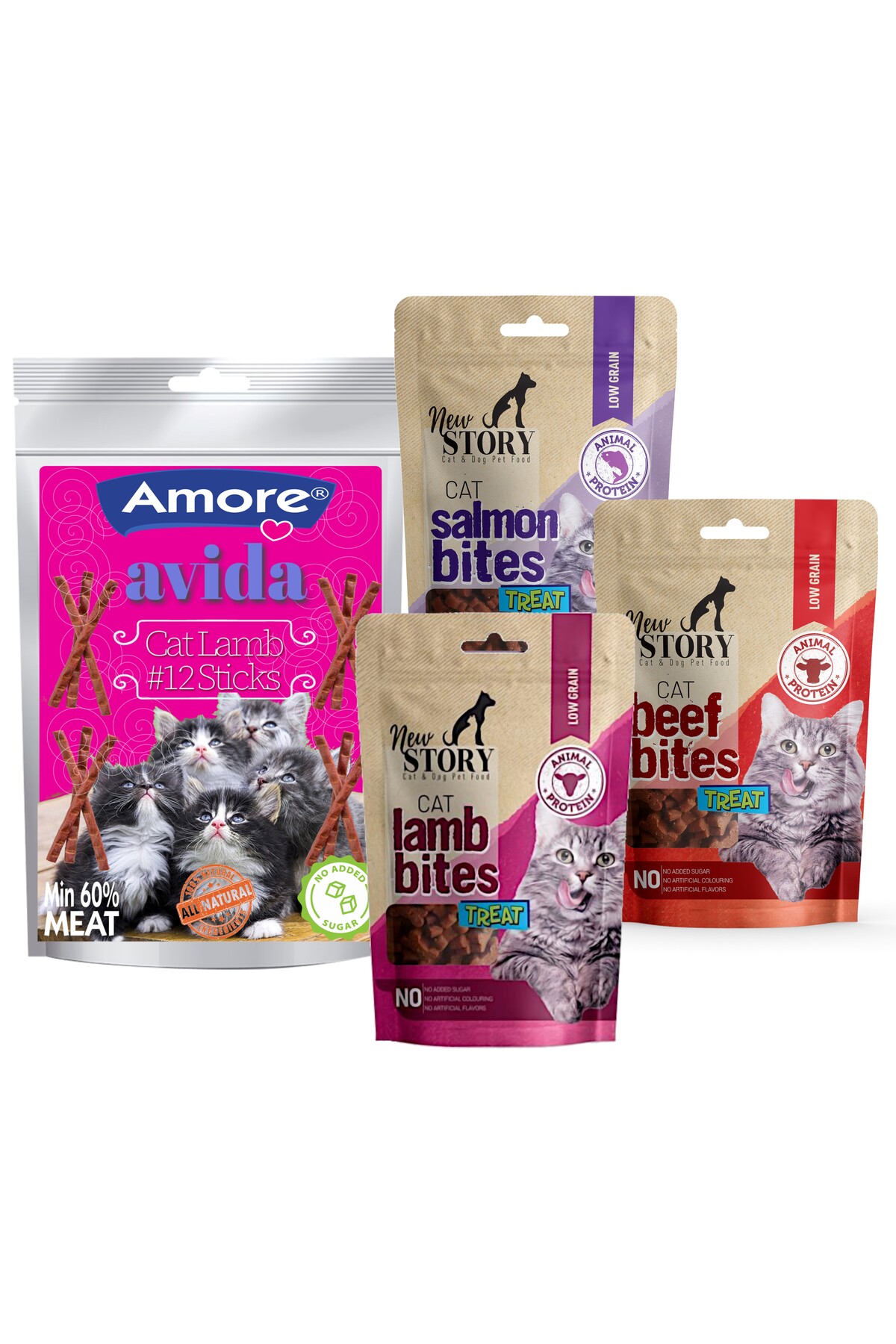 Amorecat Avida 12li Sticks Kuzu Etli Kedi Odulu, New Story 3-mix Bites 3x60gr Yumusacik Atistirmalik Mama