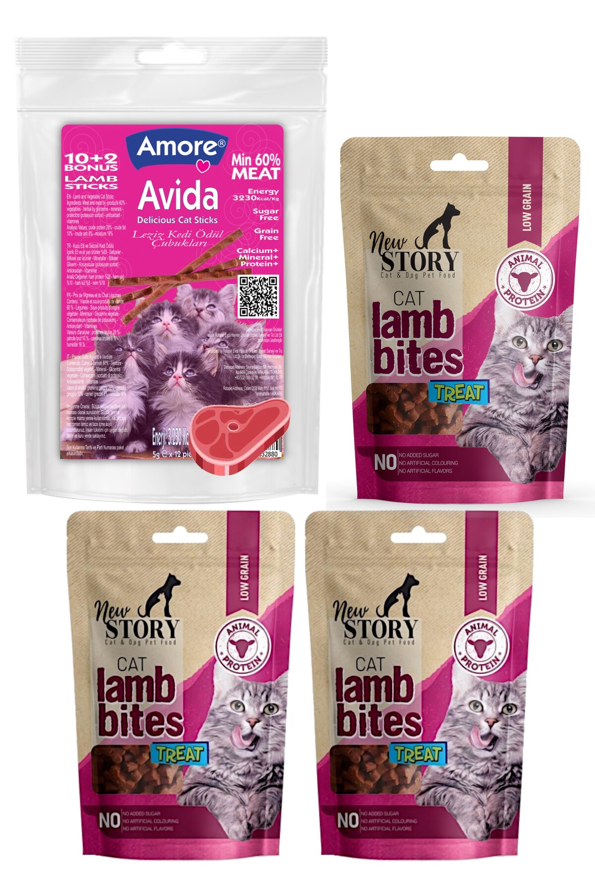 Amore Avida 12li Sticks Kuzu Etli Kedi Odulu, New Story 3lu Lamb Bites Taneli Yumusacik Atistirmalik Mama