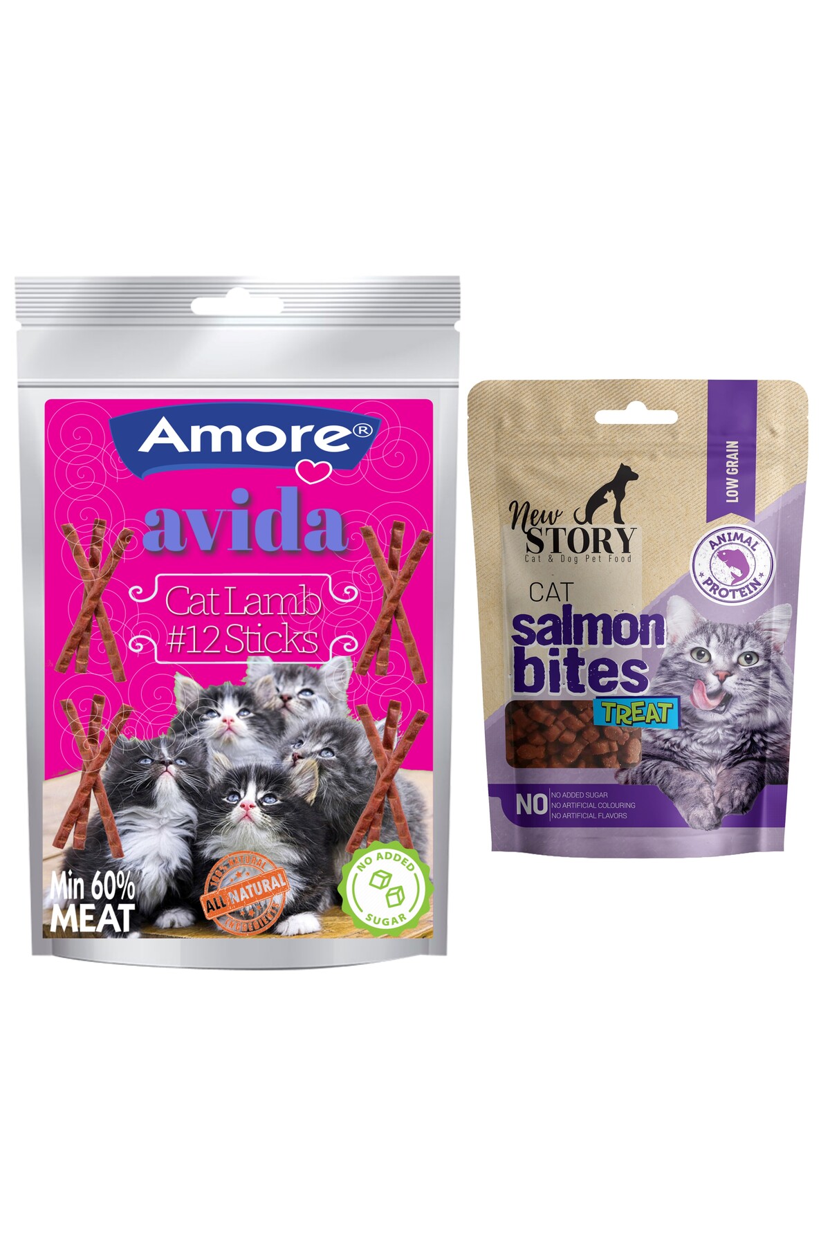 Amore Avida 12li Sticks Kuzu Etli Kedi Odulu, New Story Salmon Bites Taneli Atistirmalik Mama