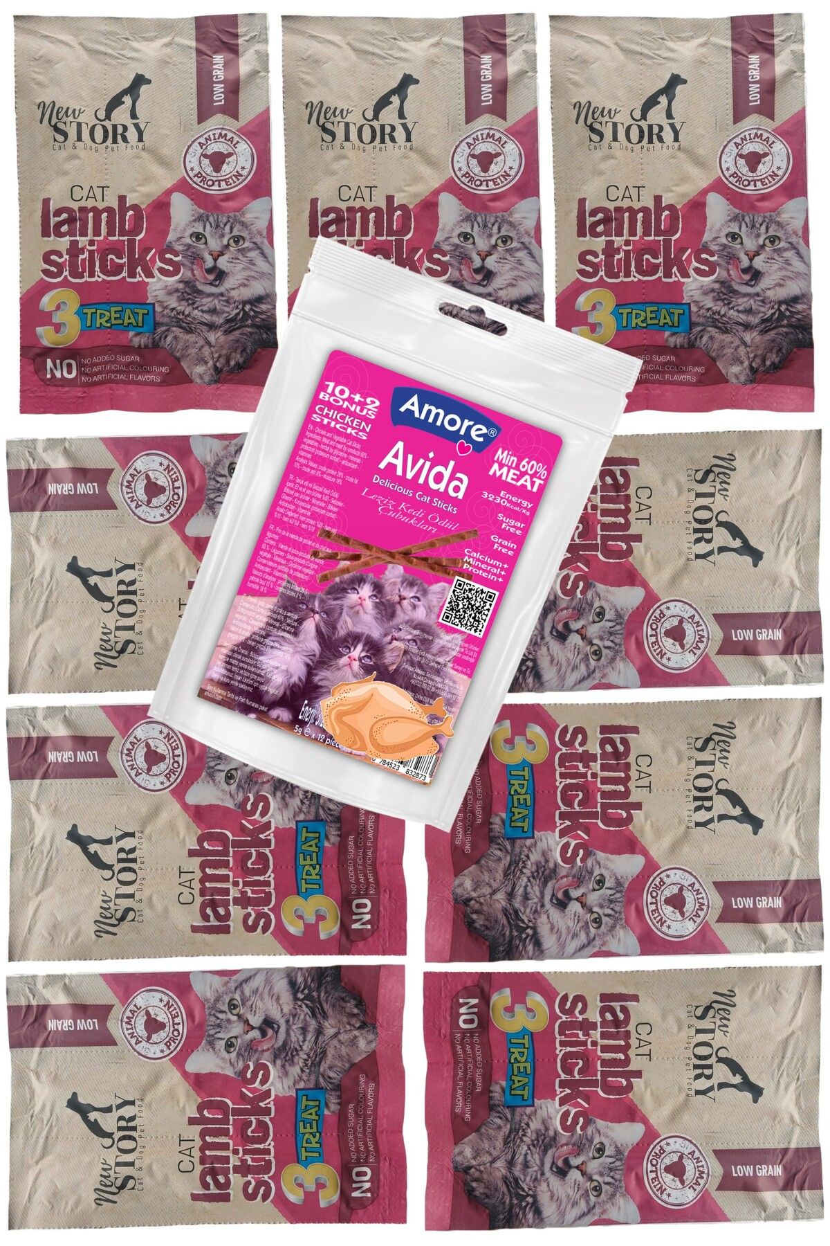 Amorecat Avida 12li Tavuklu Kedi ödül çubukları, New Story Kuzu Etli 9-cat-sticks