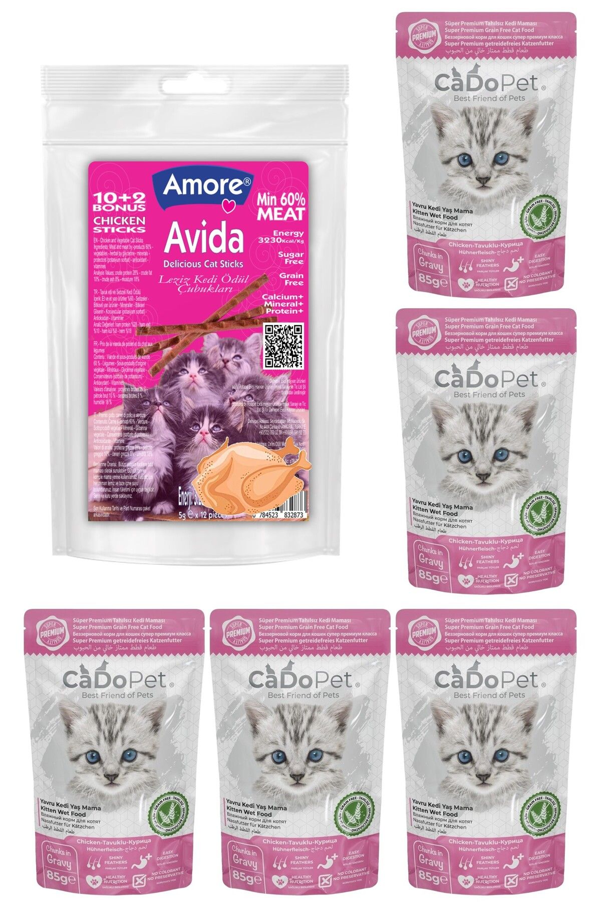 Amorecat Avida 12li Tavuklu ödül Yumuşacık Kedi Sticks, Cado Kitten Tavuk Etli 5li Punch ıslak Mama