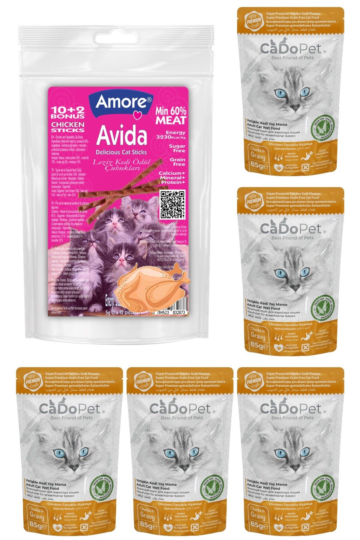 Amorecat Avida 12li Tavuklu ödül Yumuşacık Sticks, Cado Tavuklu 5li Punch Kedi Maması