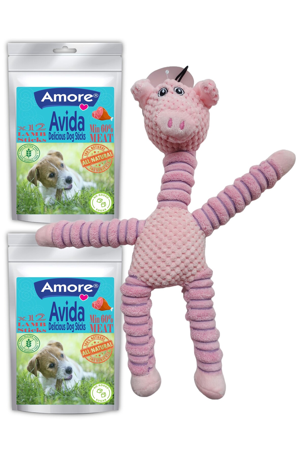 Amore Avida 2 x 12li Tahilsiz Kopek Odul Sticks Kuzu Etli, Pelus Oyuncak Domuzcuk 36cm