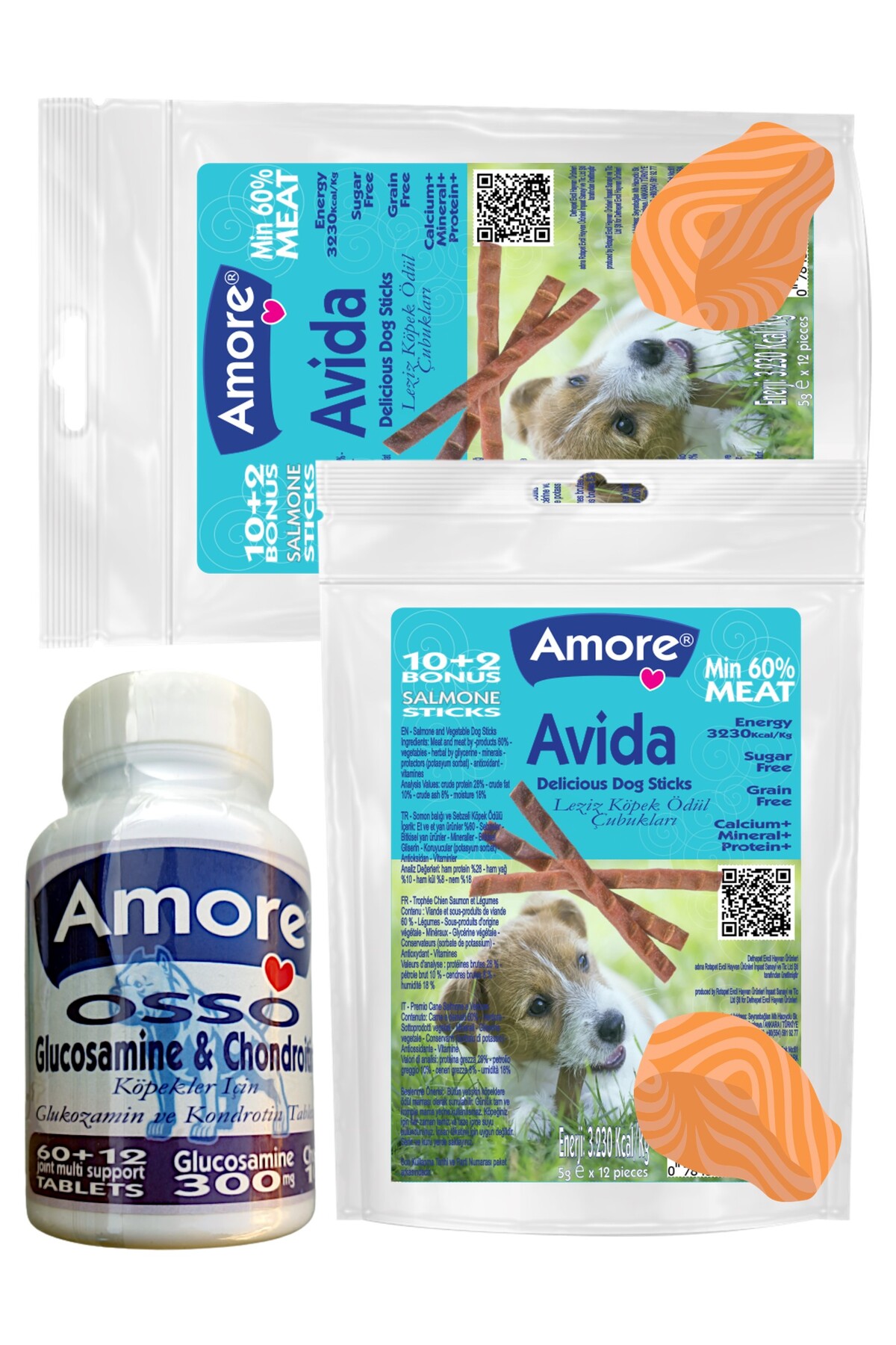 Amore Avida 24 Balikli Sticks ve Glikozamin Tablet, Dog Salmone Kopek Odul Mamasi, Osso 72 Glucosamine