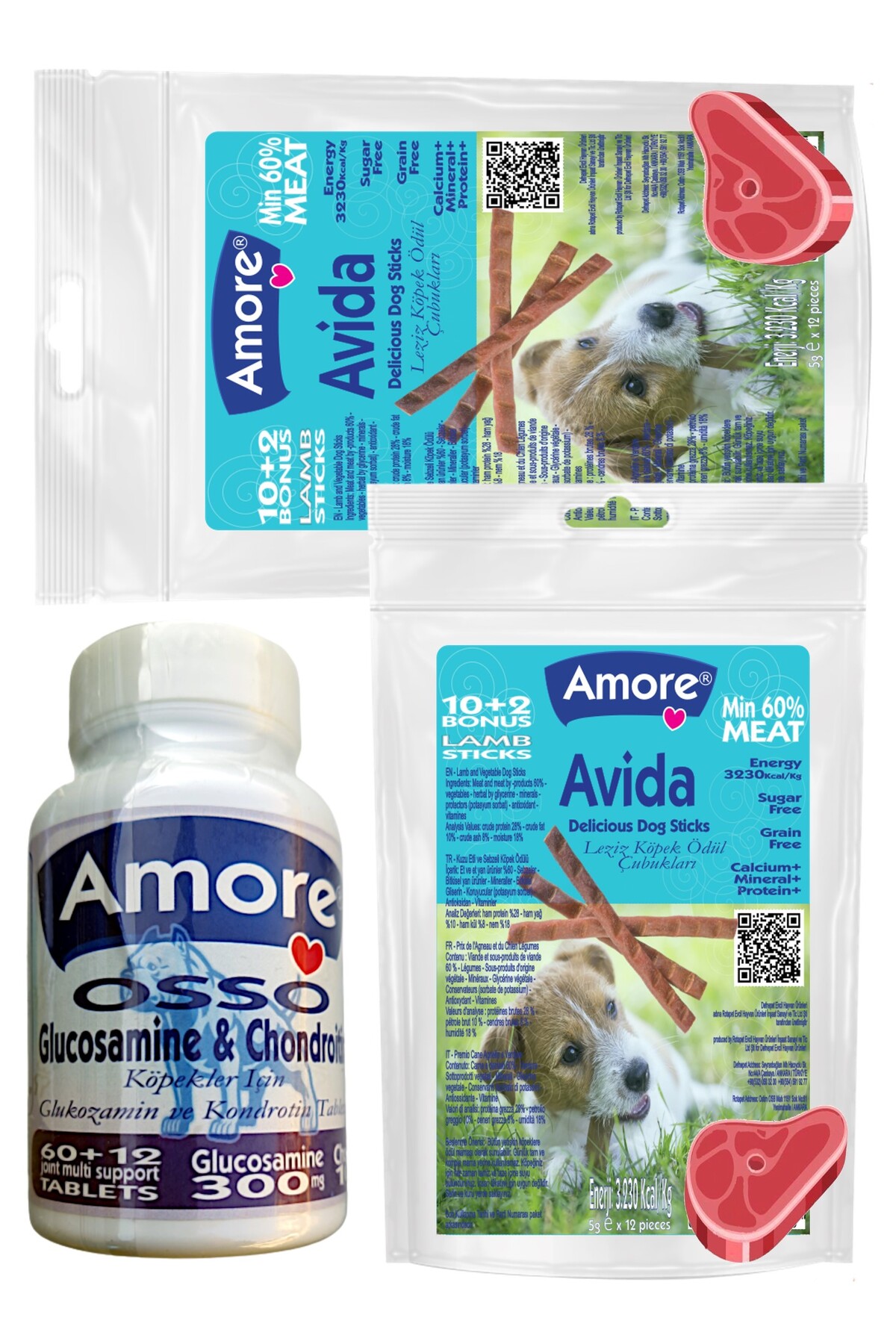 Amore Avida 24 Kuzu Etli Sticks ve Glikozamin Tablet, Dog Lamb Kopek Odul Mamasi, Osso 72 Glucosamine Tabs