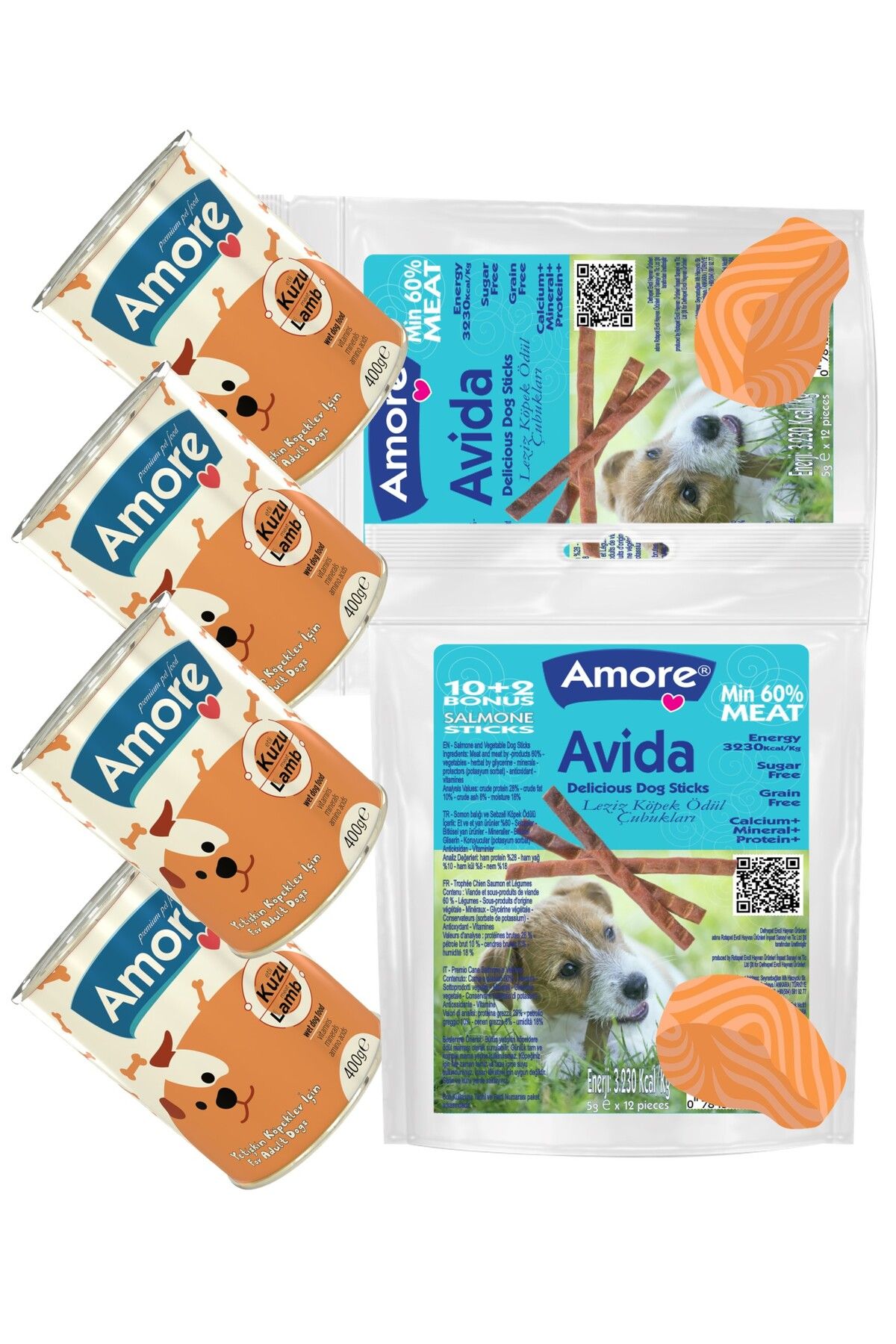 Amoredog Avida 24 Sticks Somonlu Tahilsiz Kopek Odul Mamasi Ve 4 Konserve Kuzu Parca Etli