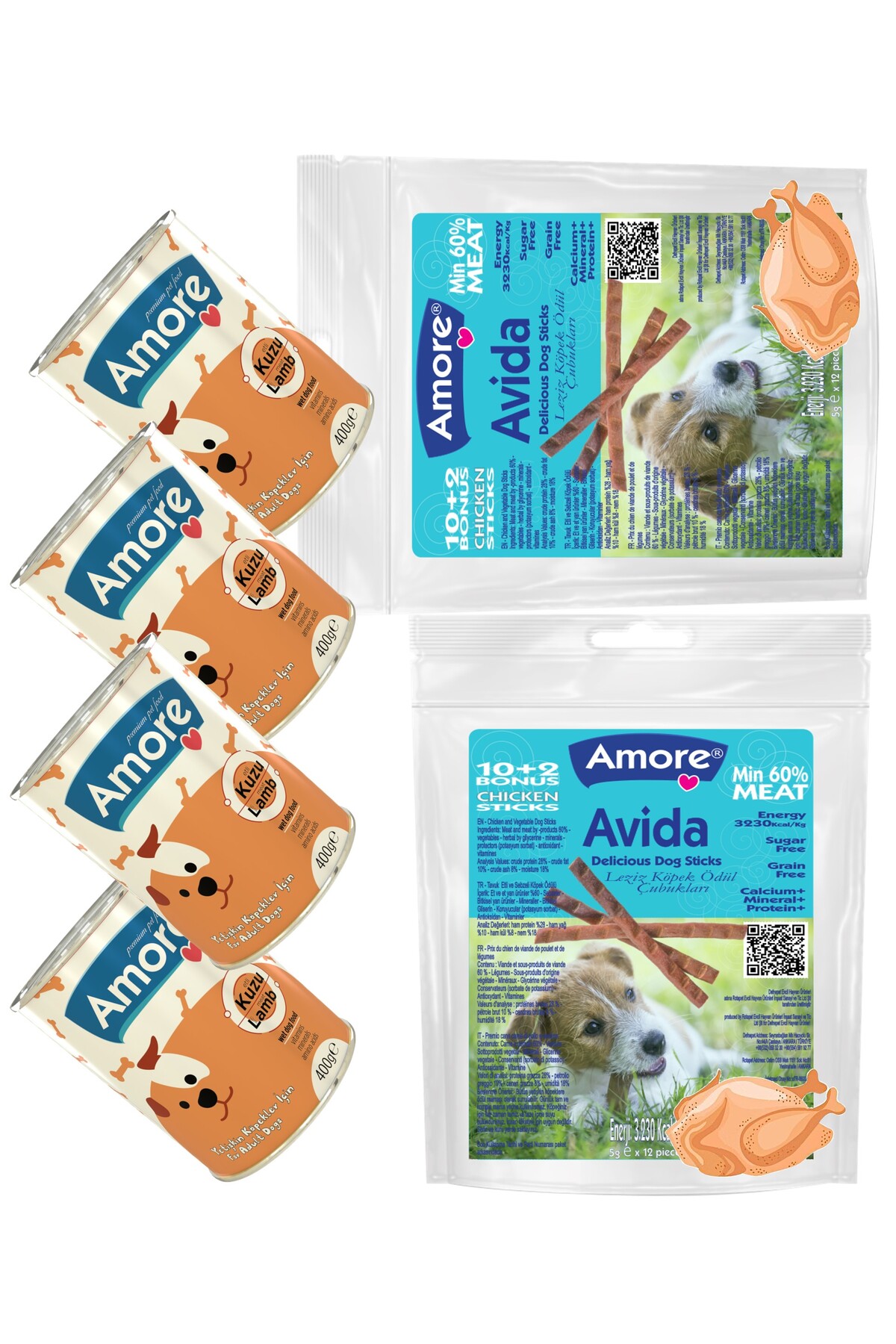 Amoredog Avida 24 Sticks Tavuk Etli Tahilsiz Kopek Odul Mamasi Ve 4 Konserve Kuzu Parca Etli