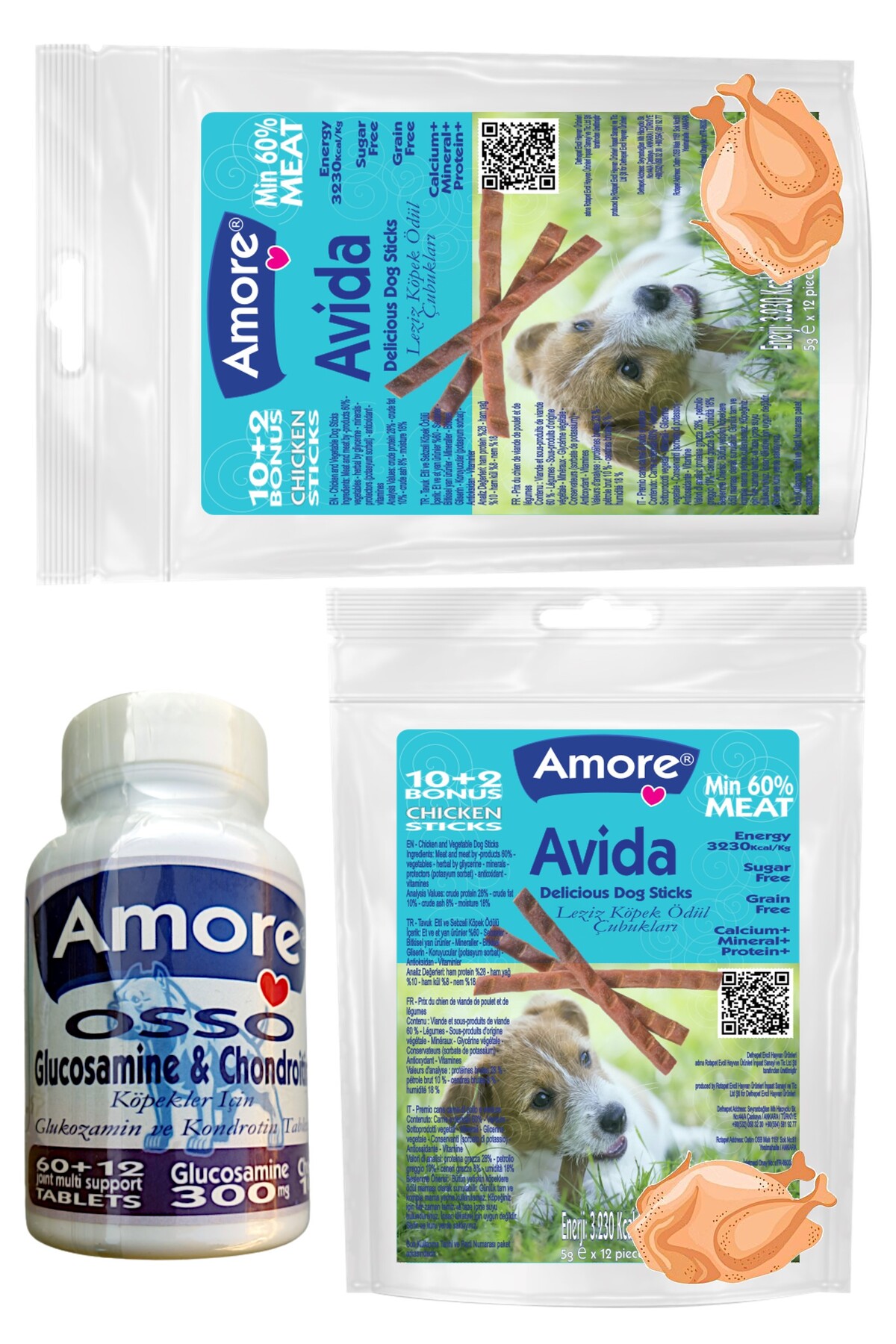 Amoredog Avida 24 Tavuk Etli Sticks Ve Glikozamin Tablet, Kopek Odul Mamasi, Osso 72 Glucosamine Tabs