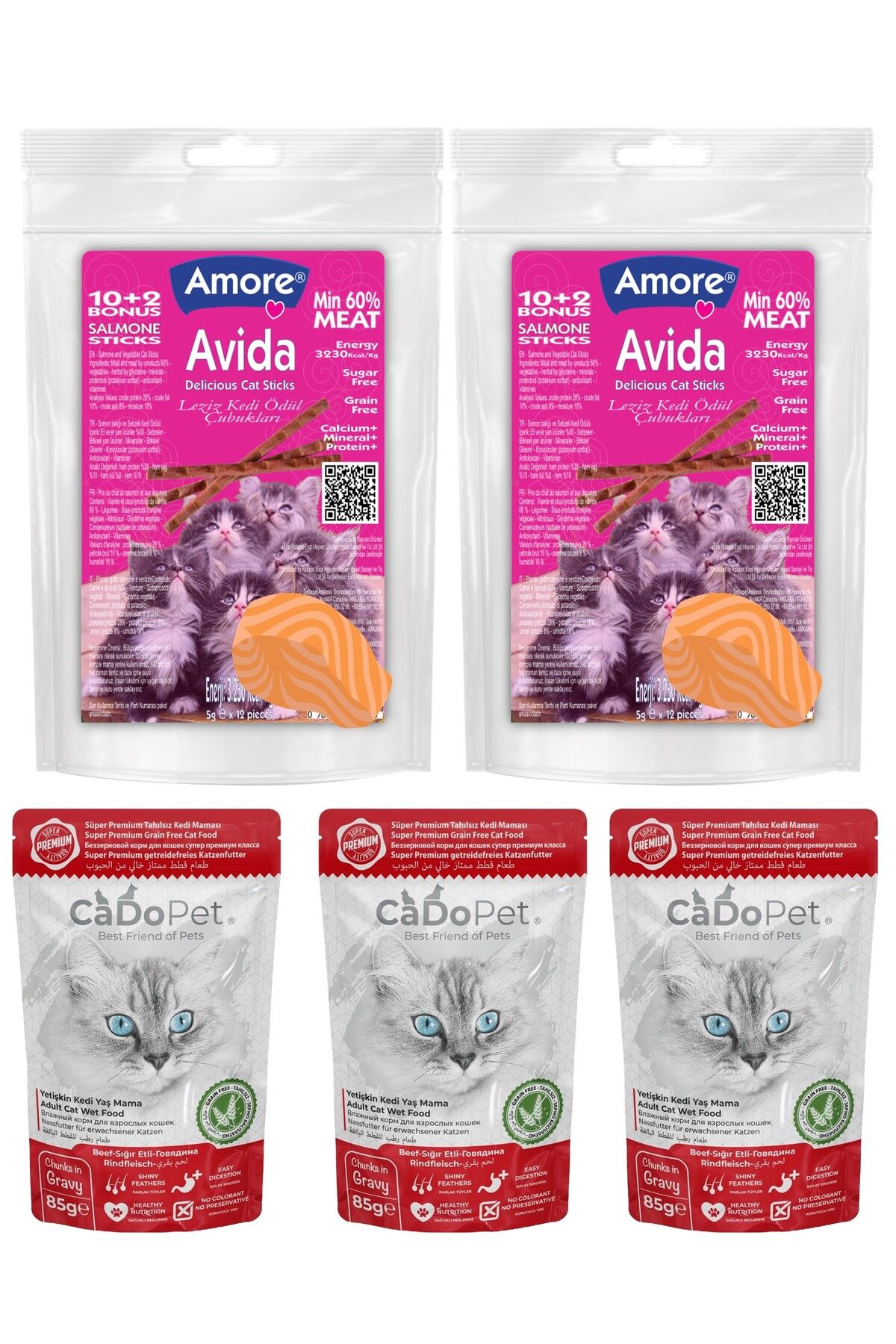 Amorecat Avida 2x12li Balıklı Kedi ödül Yumuşacık Sticks, Cado Sığır Etli 3lü Punch ıslak Mama