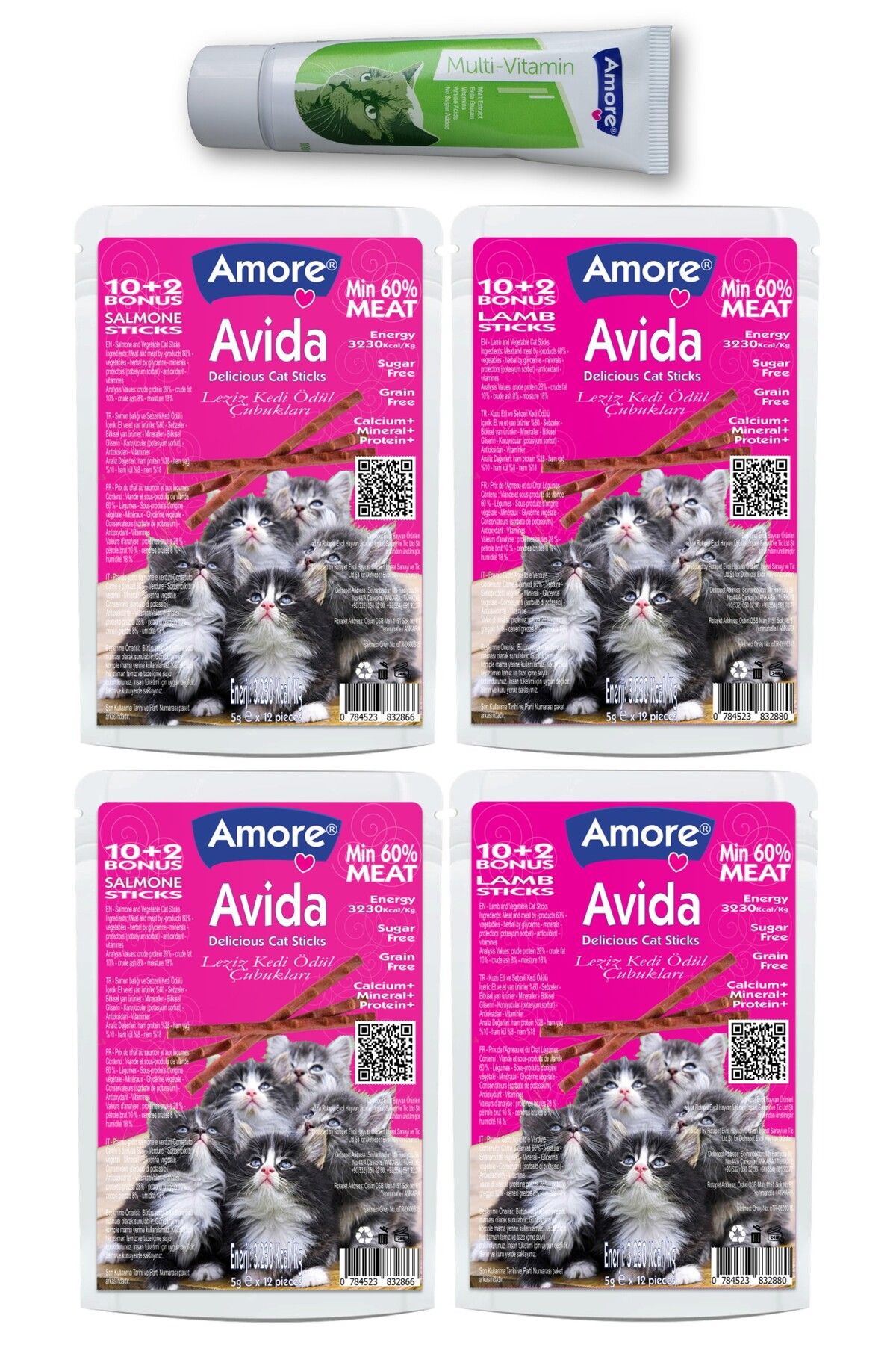 New Story Avida 2x12li-lamb, 2x12li-salmon Sticks Kuzulu- Somonlu Kedi ödülü, Multivitamin Malt 100ml Paste