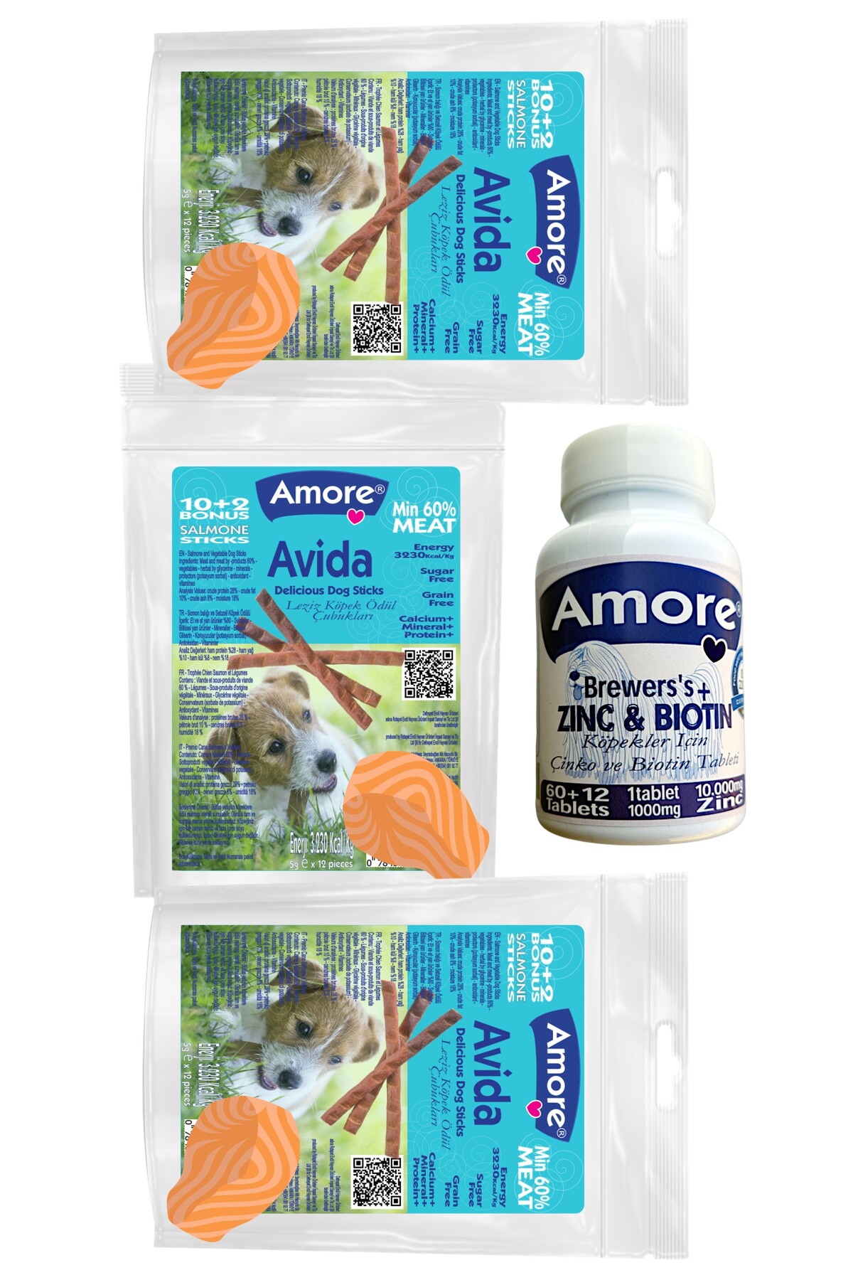 Amoredog Avida 36 Balikli Sticks Ve Tuy Dokum Tableti, Dog Kopek Odul Mamasi, 72 Brewers Zinc Biotin Tabs