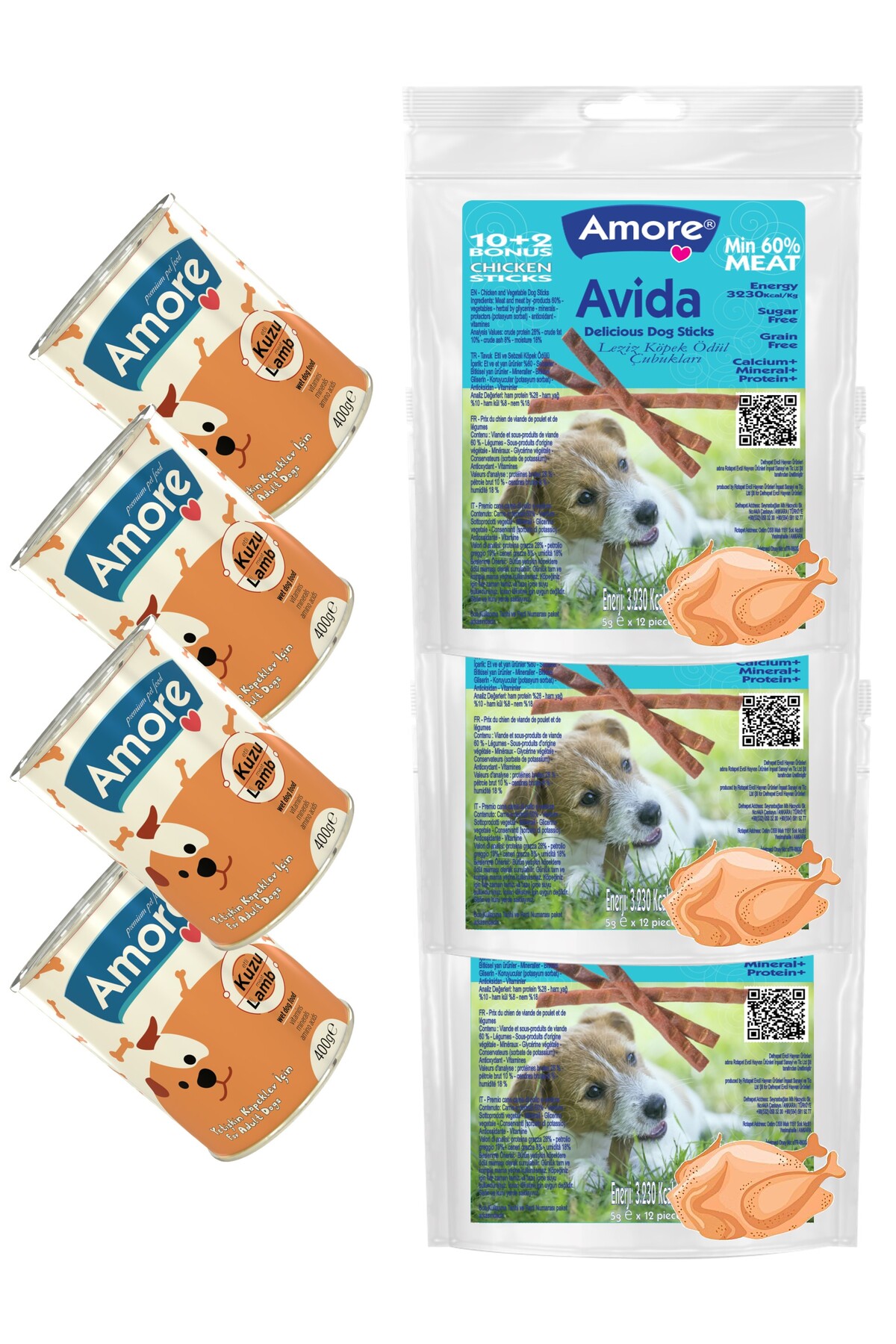 Amoredog Avida 36 Sticks Tavuk Etli Tahilsiz Kopek Odul Mamasi Ve 4 Konserve Kuzu Parca Etli