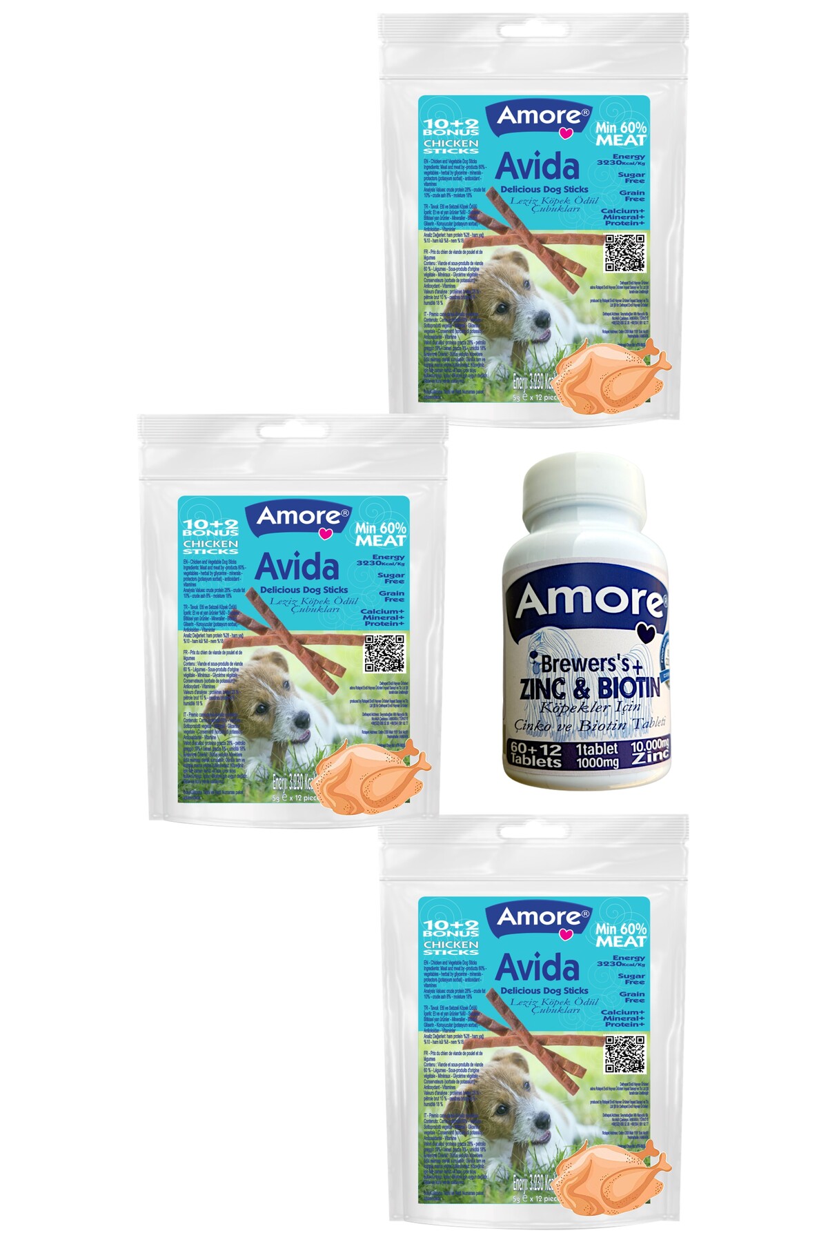 Amoredog Avida 36 Tavuk Etli Sticks Ve Tuy Dokum Tableti, Dog Kopek Odul Mamasi, 72 Brewers Zinc Biotin Tabs