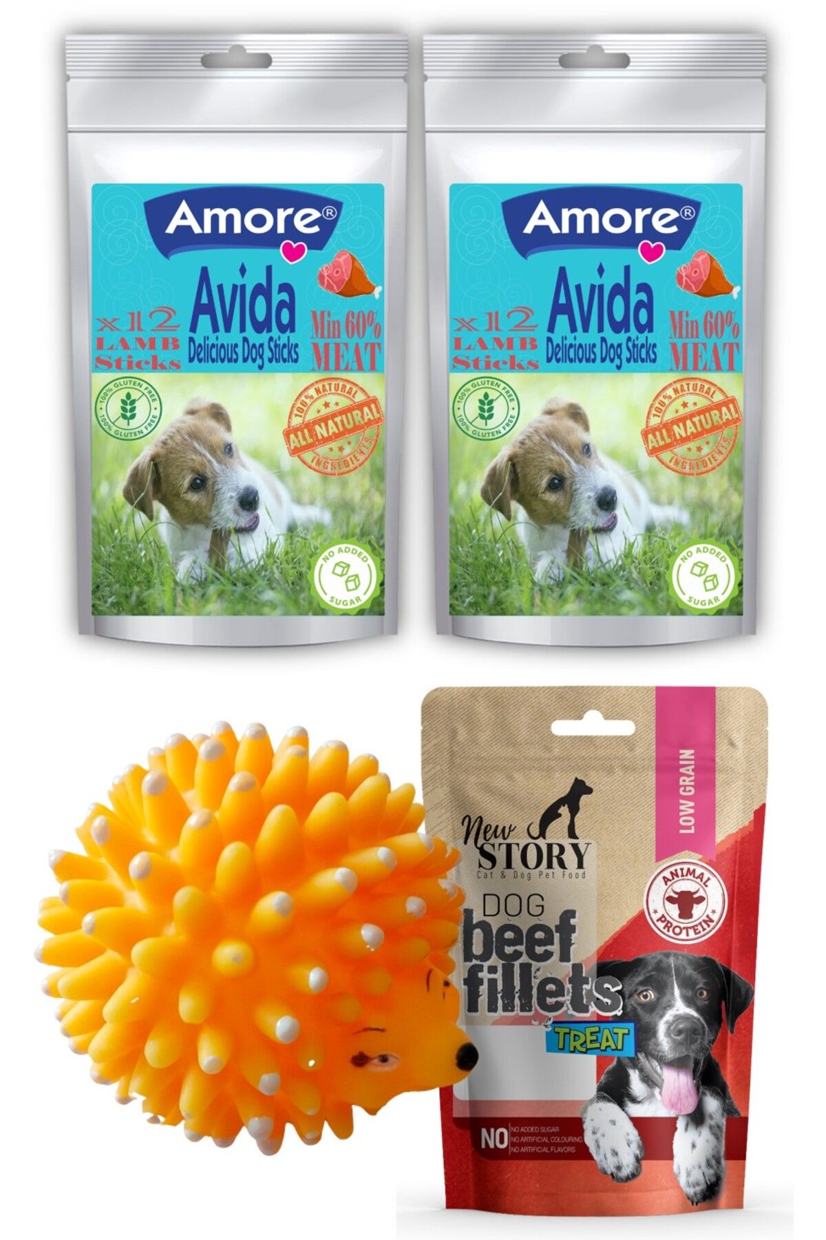 Amoredog Avida Dog Lamb 2 Paket 12li Kuzu Etli Sticks, Beef Fillets 80gr, Kirpi Turuncu Köpek Oyuncağı