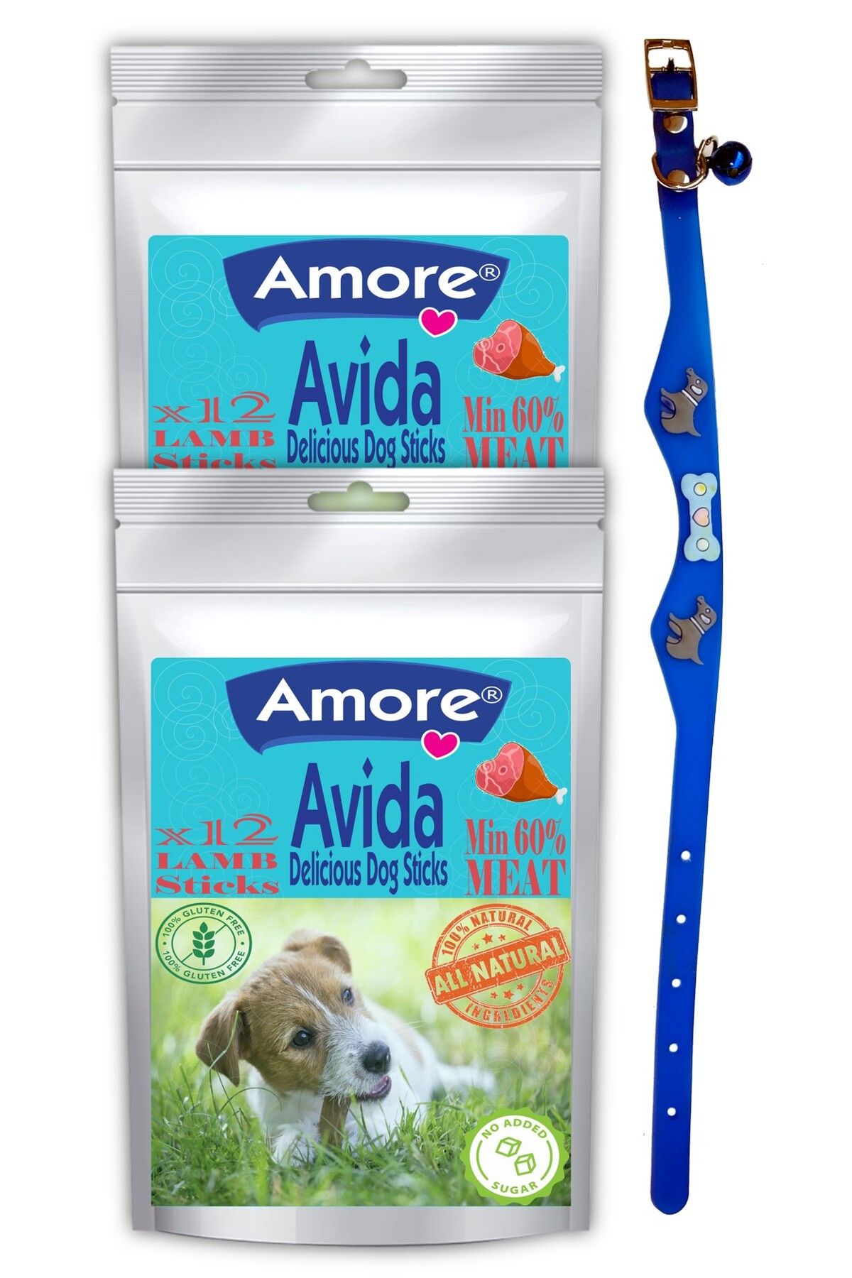 Amoredog Avida Dog Lamb 2 Paket 12li Kuzu Etli Sticks Köpek ödülü, Silikon Boyun Tasması 22-28cm Mavi