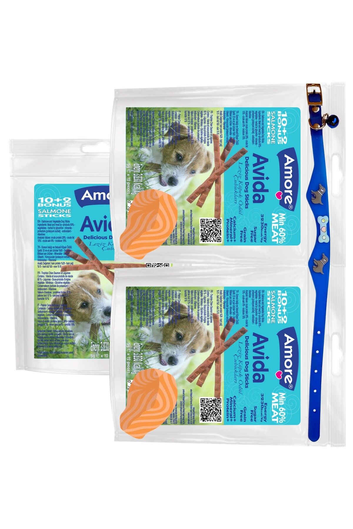 Amoredog Avida Dog Salmone 3 Paket 12li Somonlu Sticks, Silikon Boyun Tasması 22-28cm Mavi
