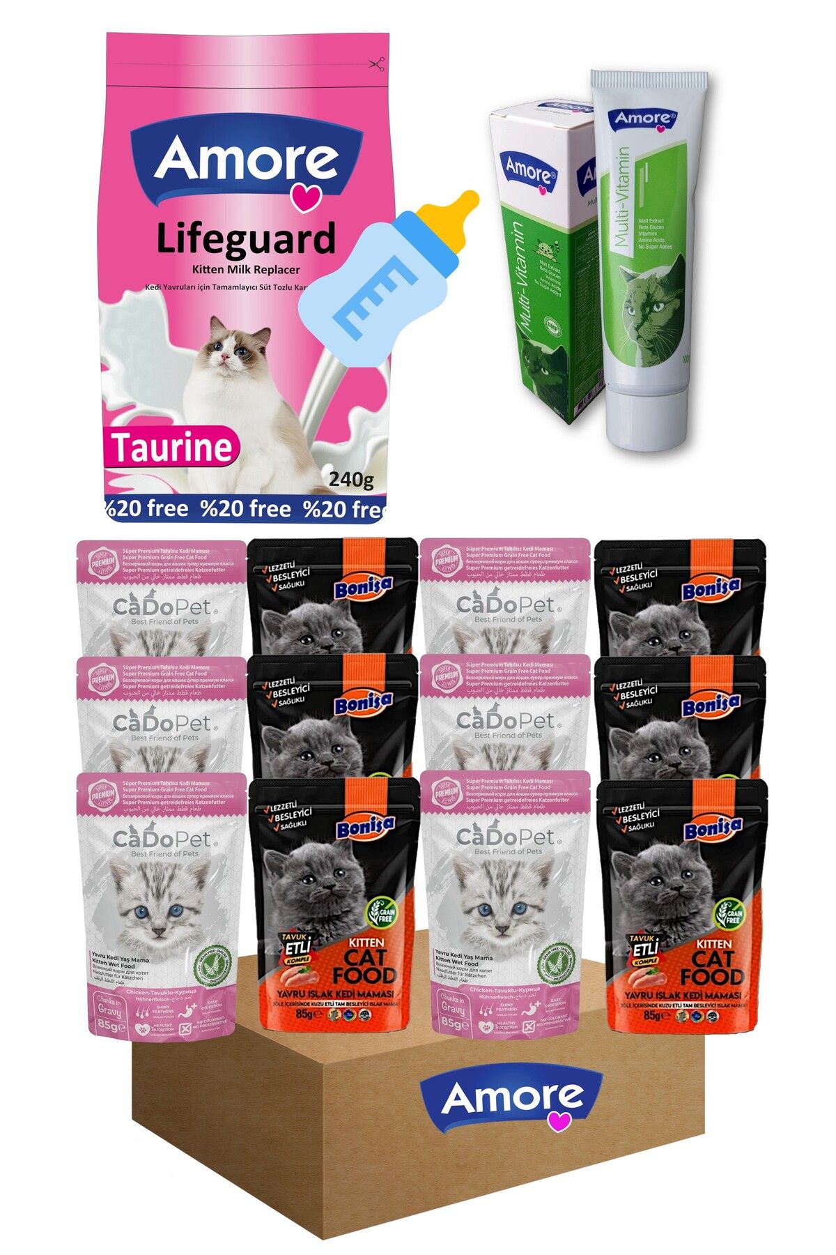 Amorecat Avida-kitten-treats-2 Yavru Kedi ödül Maması Paketi 1-süt Tozu,12-punch,1-multivitamin