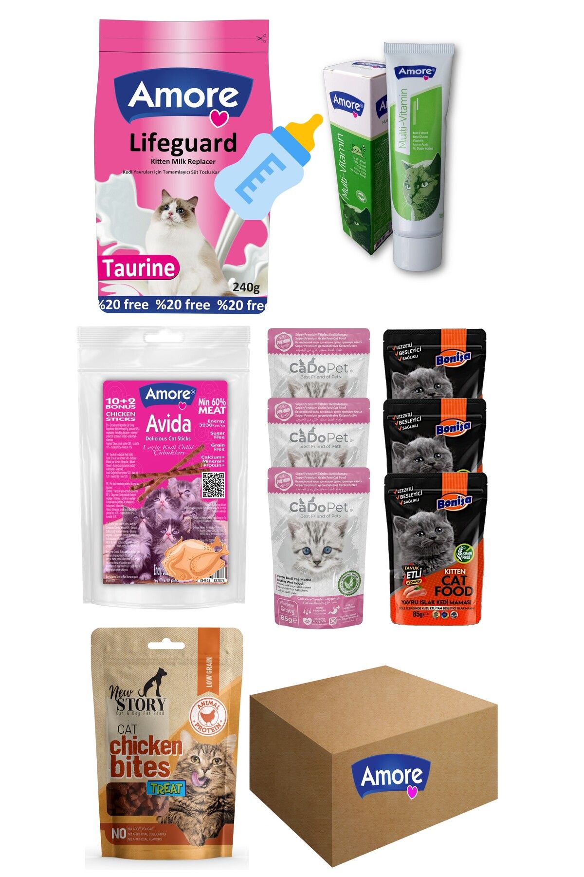 Amorecat Avida-kitten-treats-5 Yavru Kedi ödül Maması Paketi 1-süt Tozu,6-punch,1-bites,12-sticks,1-malt